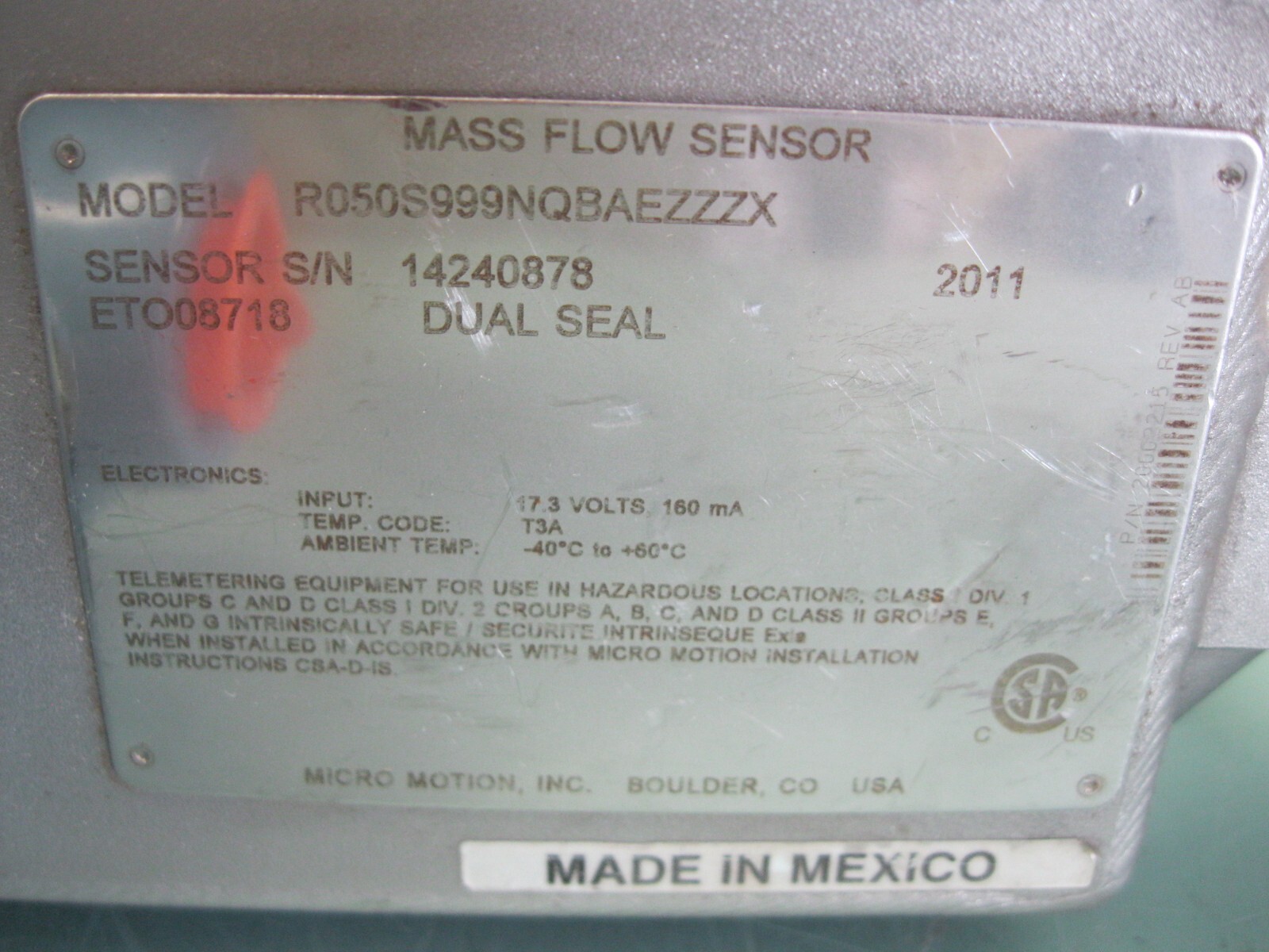 1/2" 150# Micro Motion R050 Mass Flow Sensor 2011 w/ 700 Core Processor CAL. B10