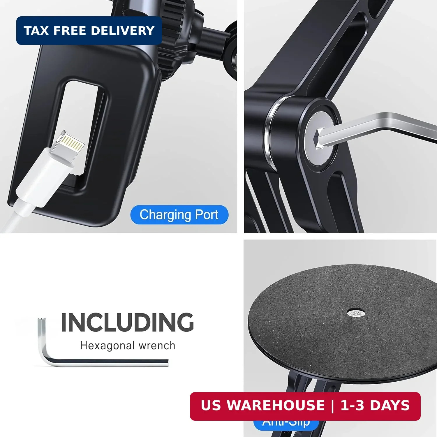 Tablet Stand Holder for iPad, Adjustable with 360 Rotating Base for Desk, Alumin