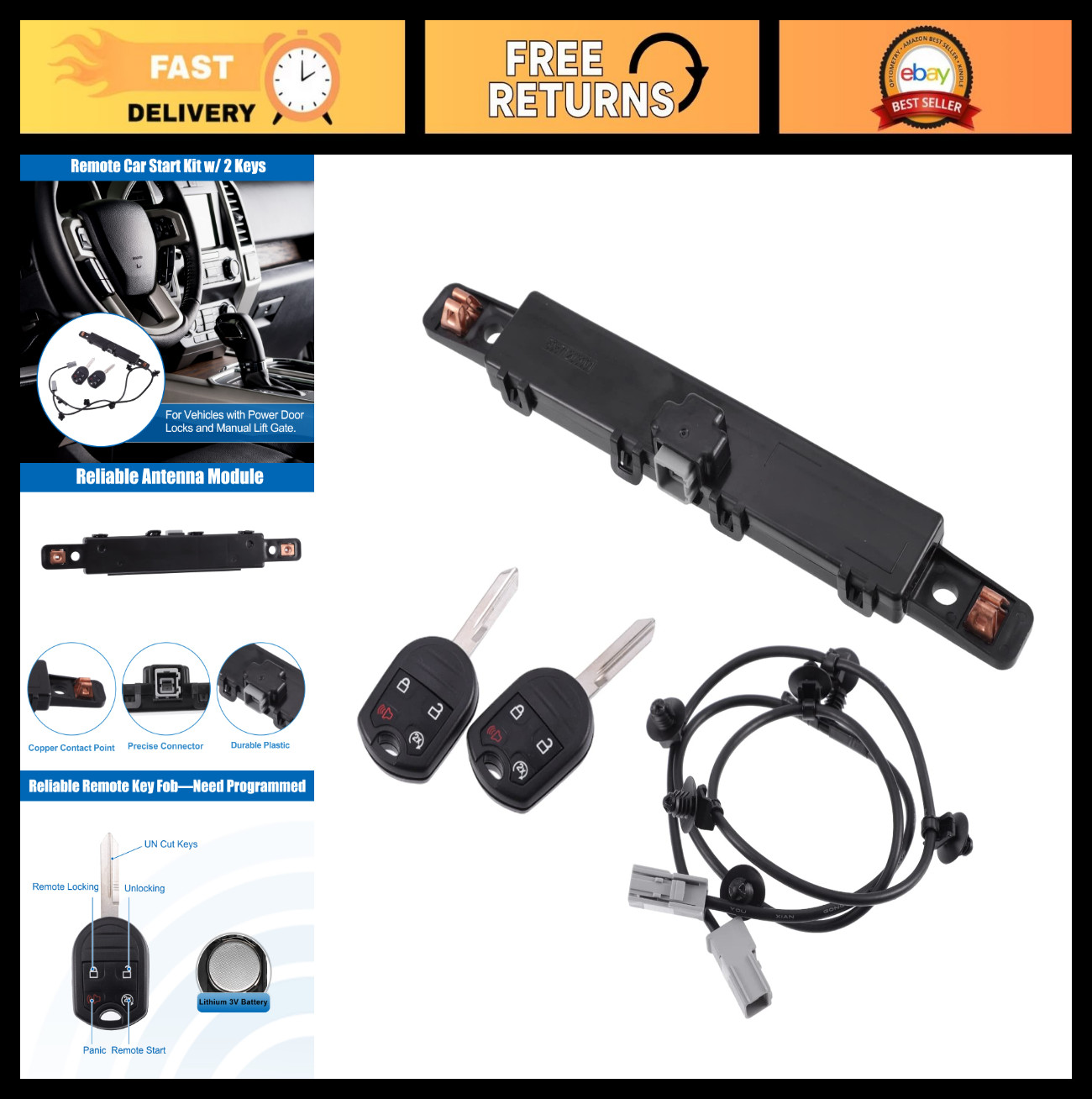 Remote Start System Kit for Ford F150 Edge - 2 Key Fobs & Antenna - Pack of 3