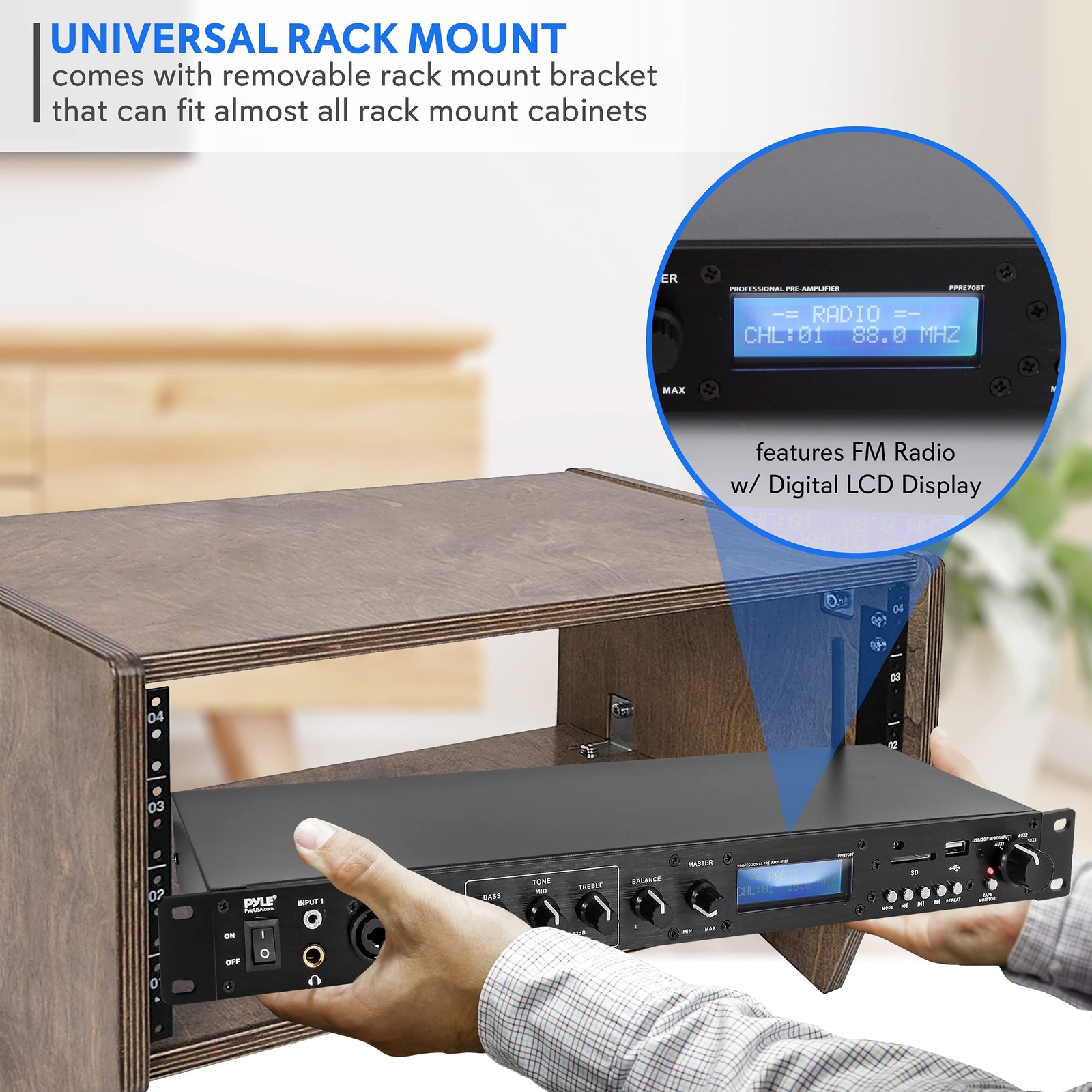Pyle Rack Mount Studio Pre-Amplifier - Audio Receiver System w/ Digital LCD D...