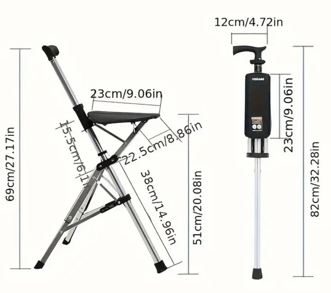 Portable Adjustable Folding Cane Seat Combo - Sturdy 3-Legged Support,Adjustment