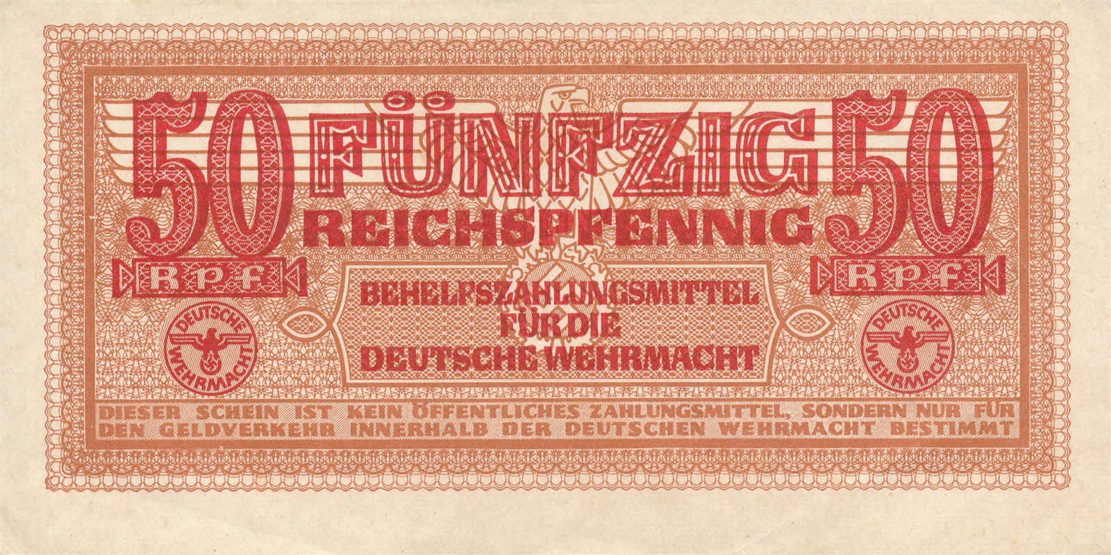 Currency Germany 1942 WW2 Wehrmacht 3rd Reich Reich Era 50 RPF Uncirculated