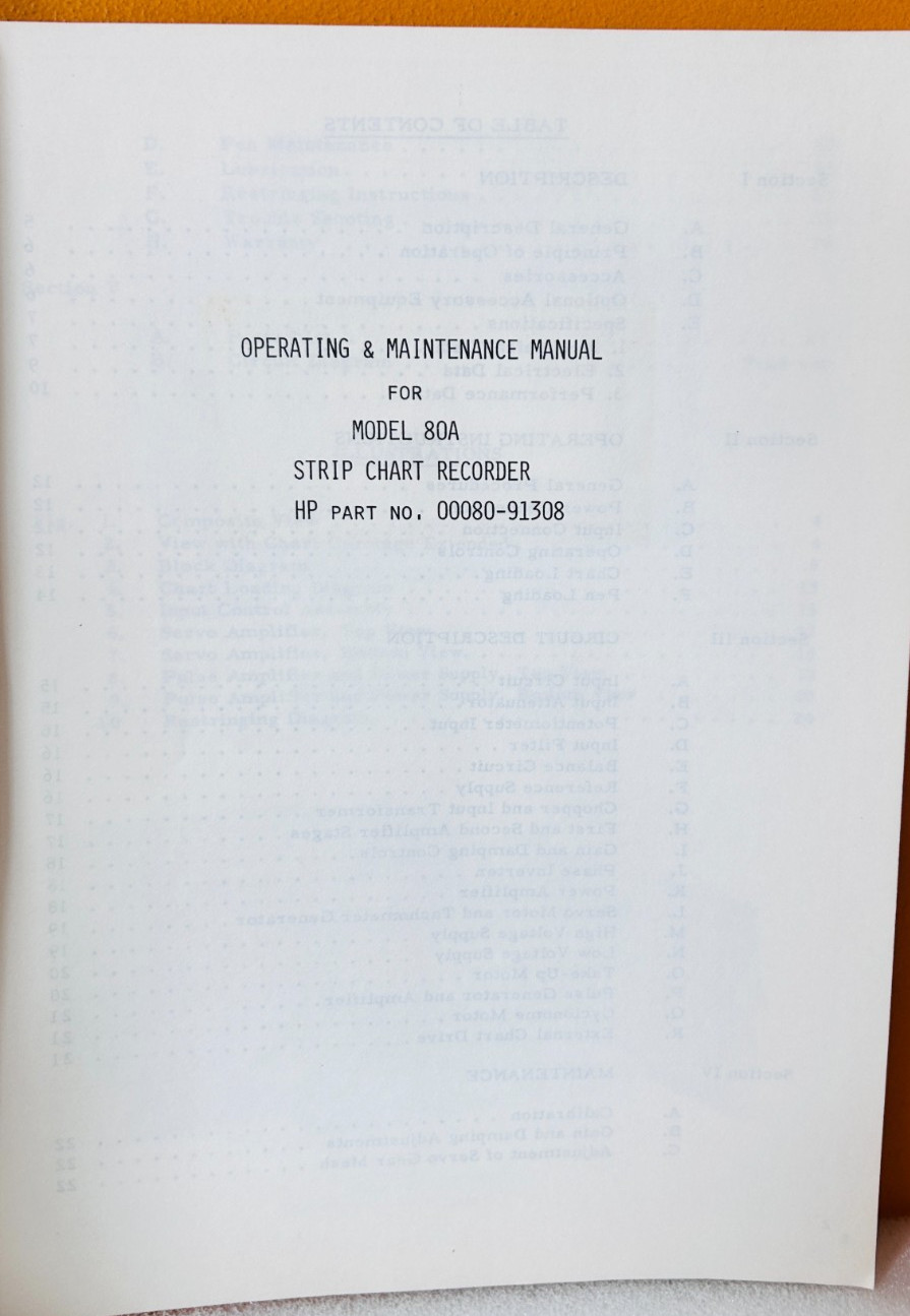 HP 00080-91308 Model 80A Strip Chart Recorder Operating & Maintenance Manual.