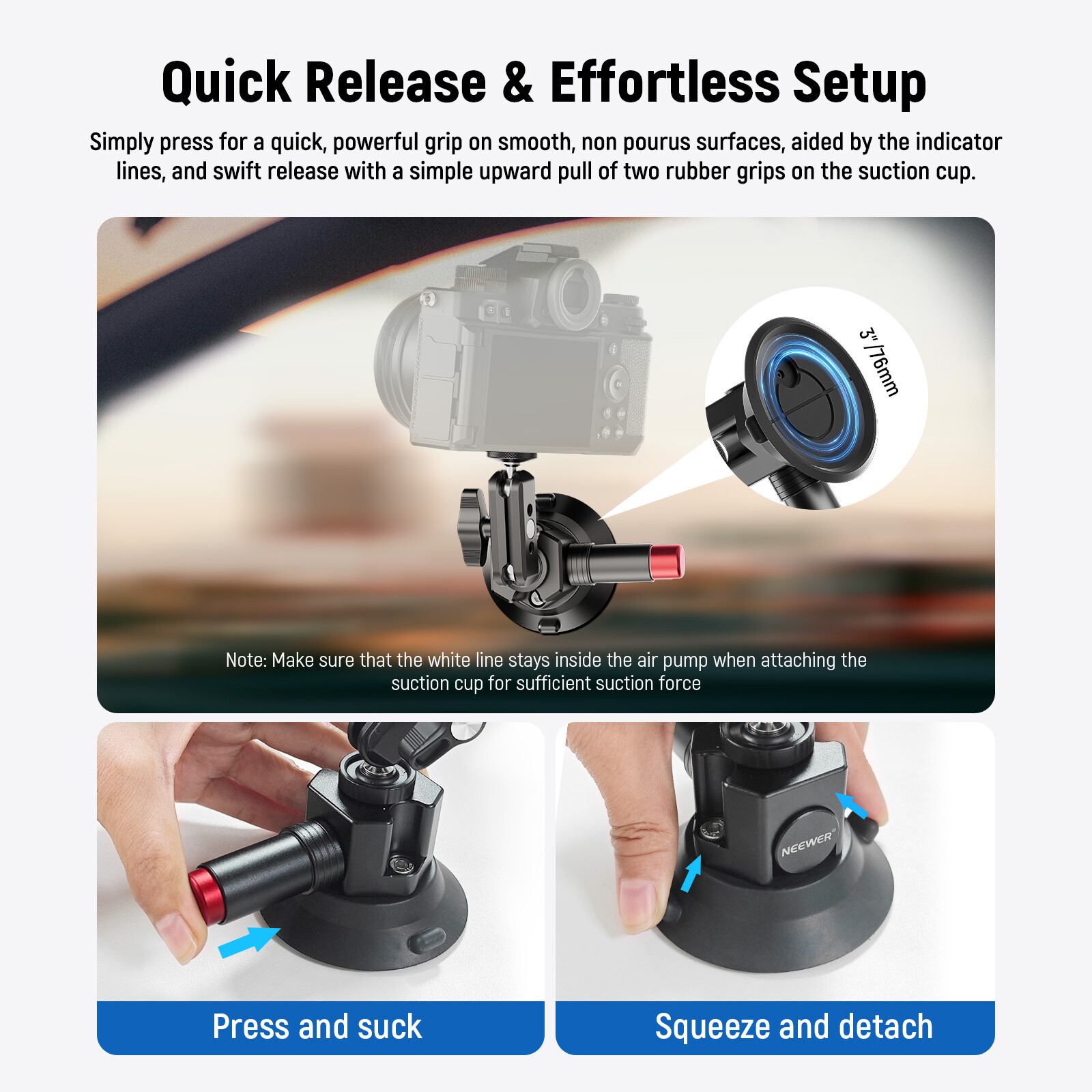 NEEWER 3" Suction Cup Camera Mount Bracket with Ball Head Magic Arm