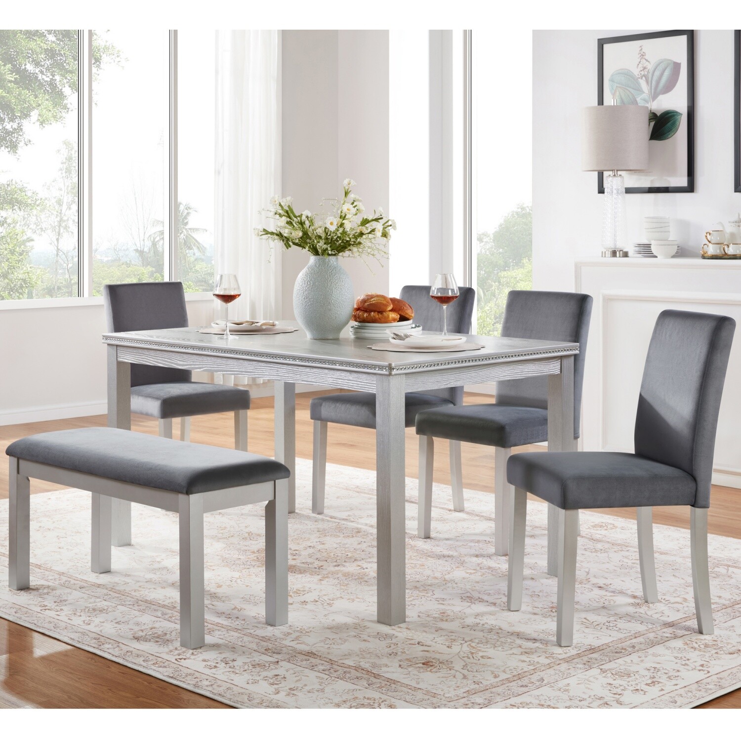 6-Piece Dining Table Set Kitchen Table Wooden Dining Table w/ 4 Chairs and Bench