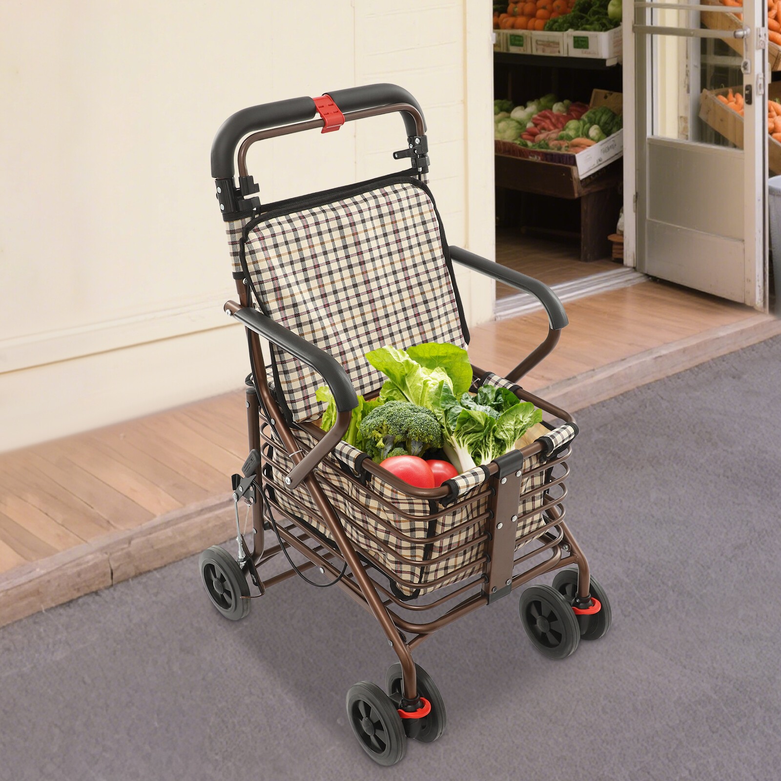 Foldable Walker with Seat for Seniors, 330lbs, Shock Absorbing Wheels & Basket