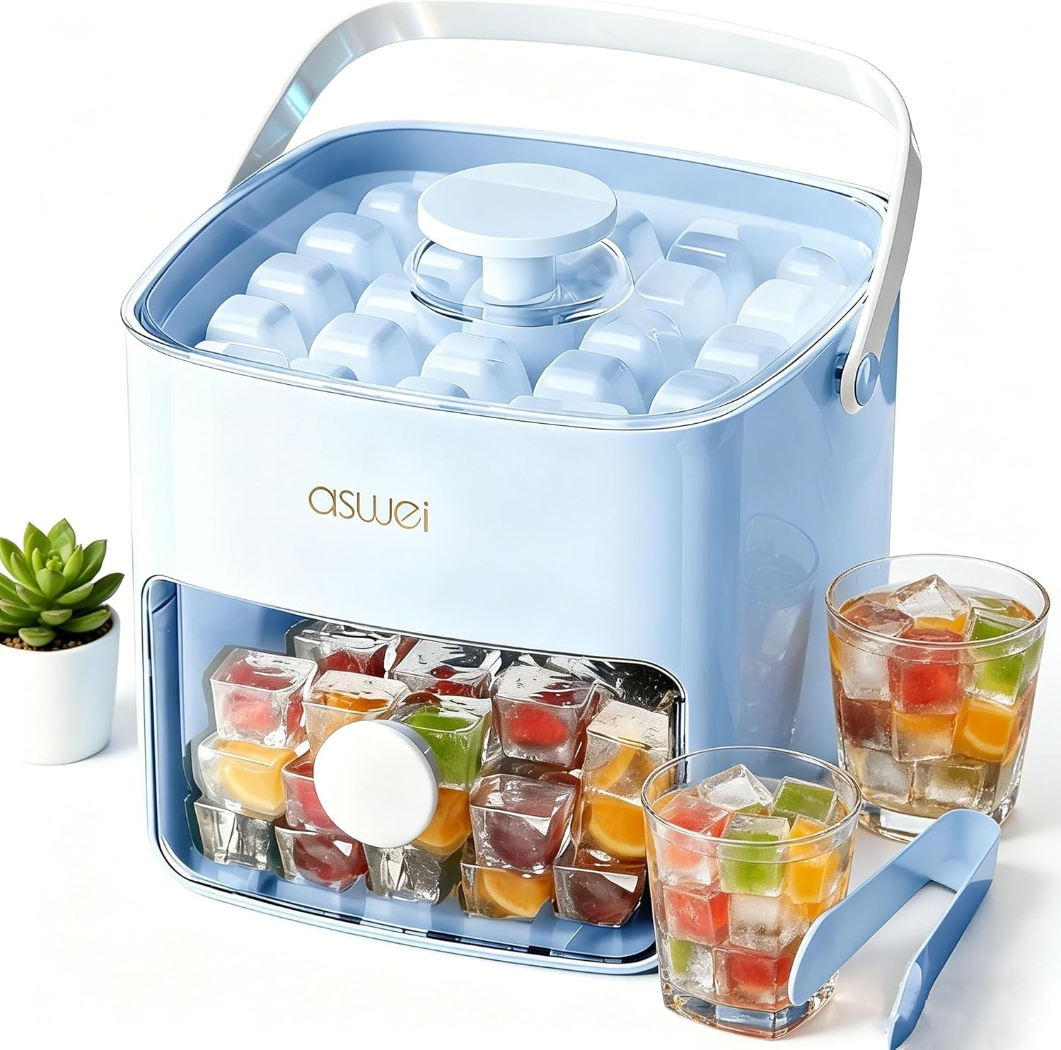 Compact Ice Cube Tray W/ Lid & Bin Mini Press-Type Ice Cube Maker Freezer