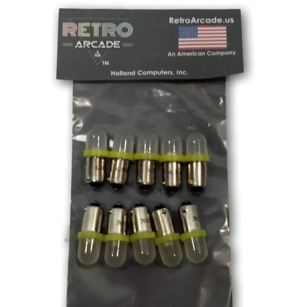 10 Pack Yellow Frosted Pinball 6.3 Volt LED Round Bulb 44/47 Bayonet Base BA9S