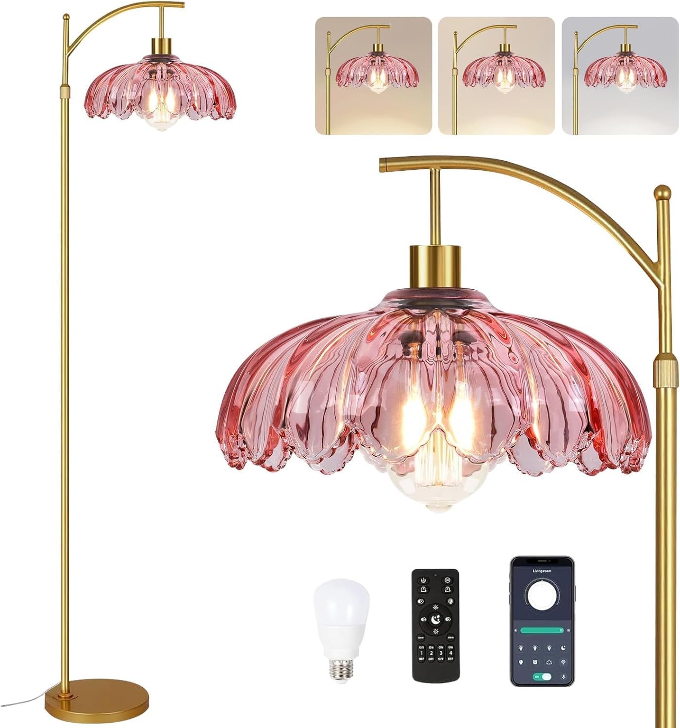 HTTDZM Pink Floor Lamp for Living Room,Bedroom,Glass Mid Lamp-8, Gold