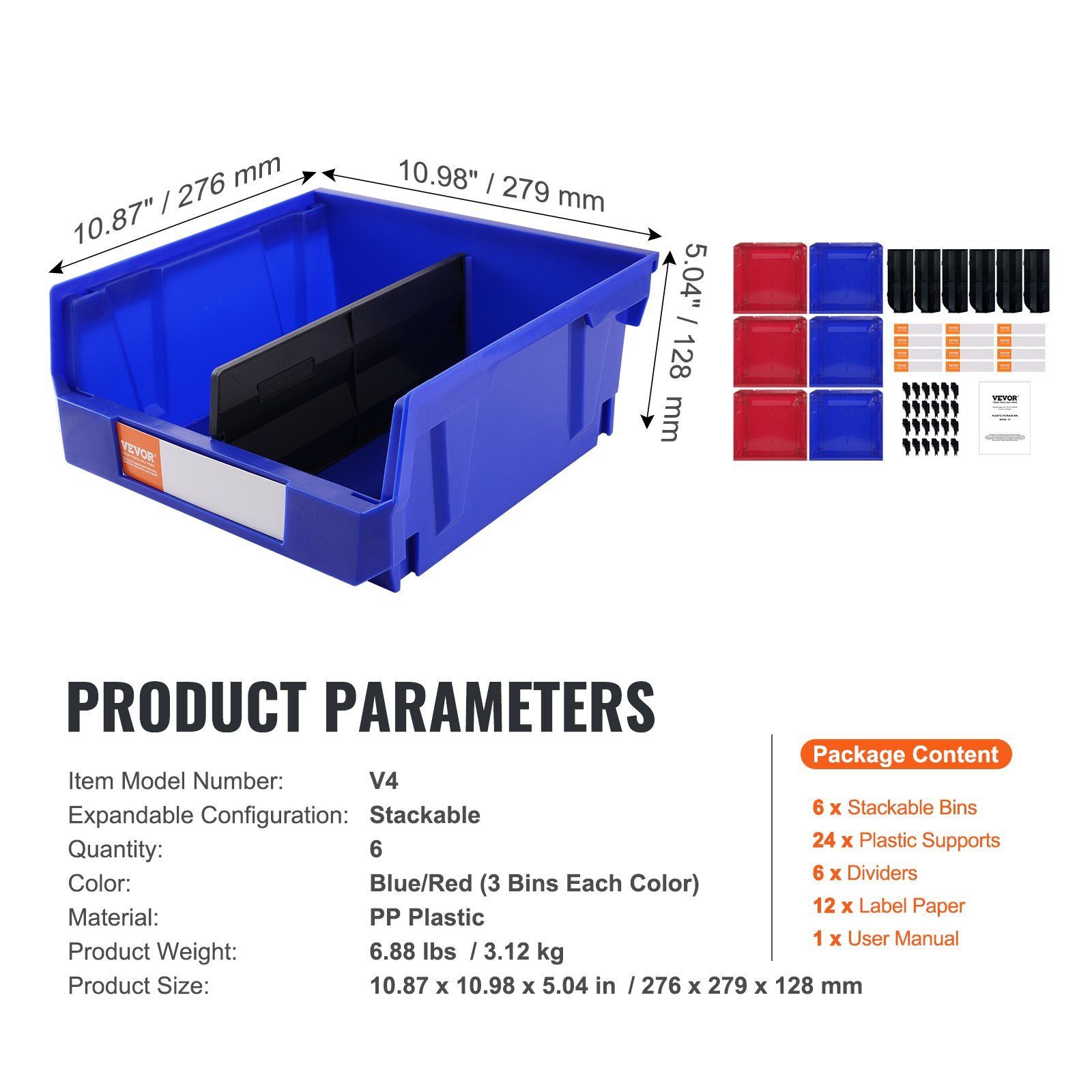 6-Pack 11'' x 11'' x 5'' Hanging Stackable Plastic Storage Organizer Bin