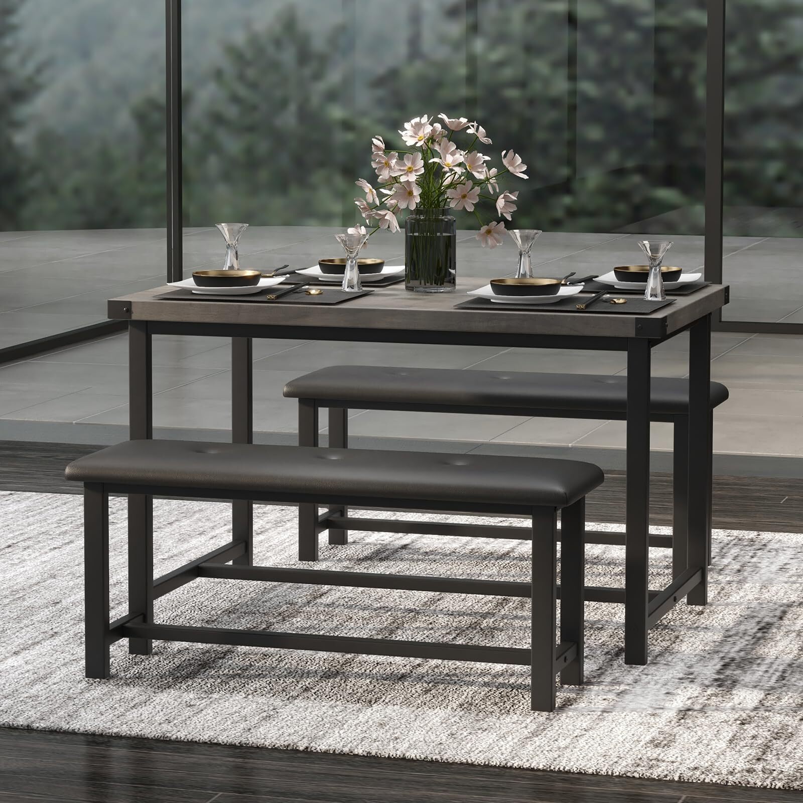 4PCS Kitchen Table Set with 2 Benches Dining Table Set with Upholstered Benches