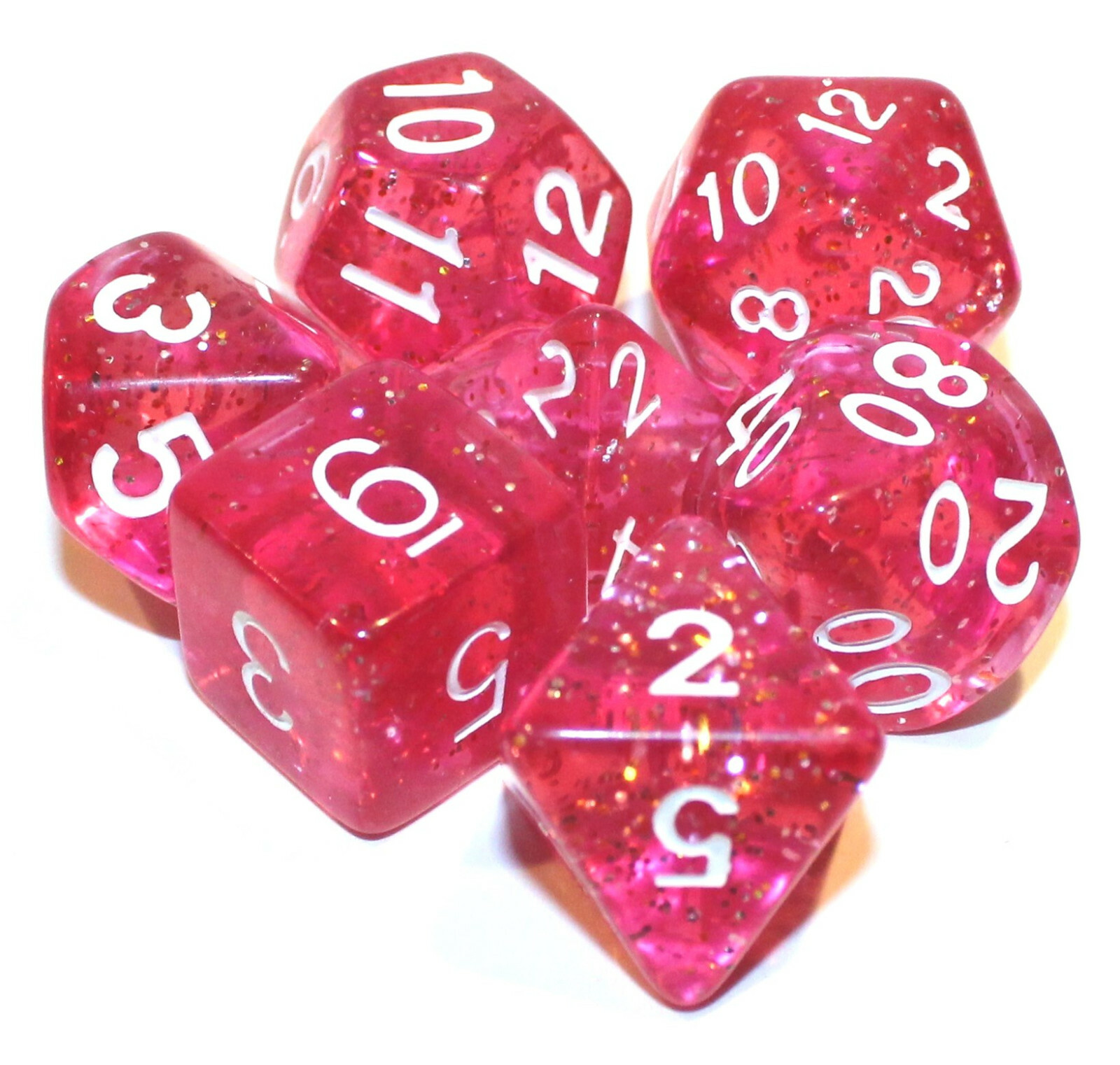 7 Piece Polyhedral Dice Set - Pink Tourmaline Translucent Pink Glitter -Pink Bag