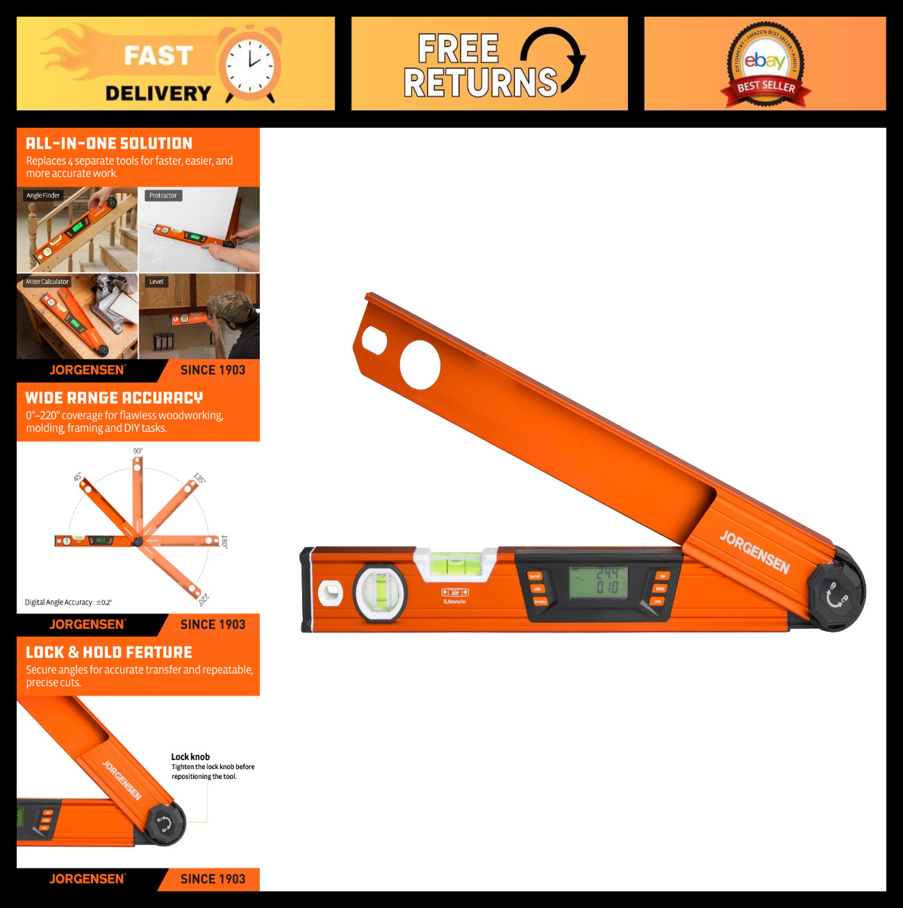 Digital Angle Finder Tool - Multi-Angle Protractor with Backlit LCD & Level Bubb