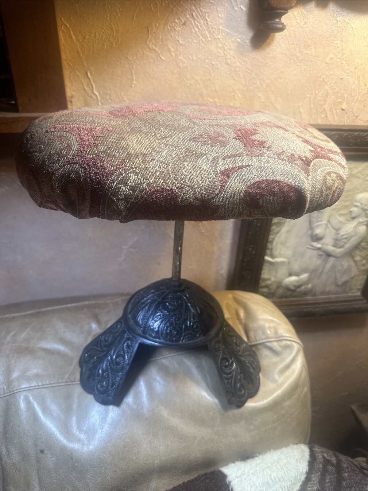 Cast Iron Vintage Unique Stand Small  Sweet Display Ottoman Foot Stool Burgundy