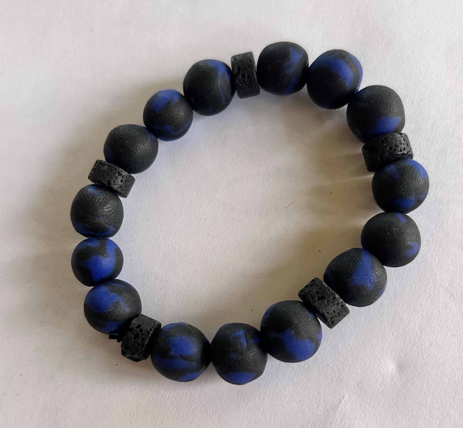 Clay Beaded Bracelet (black and blue) With Lava Beads***Stretchy*** 8"