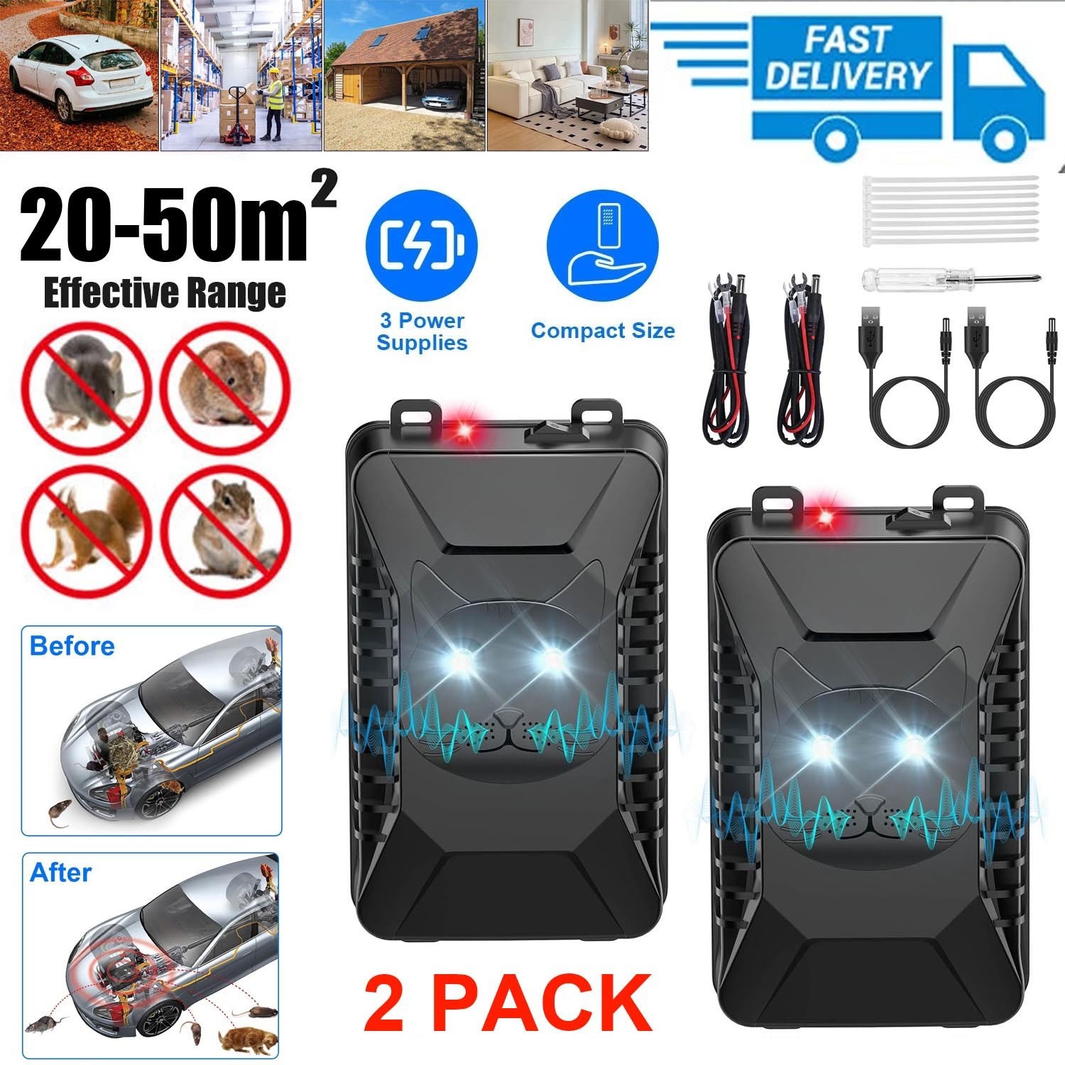 2 Packs Under Hood Repeller Ultrasonic Rat Deterrent Keep Mice Cat Away from Car