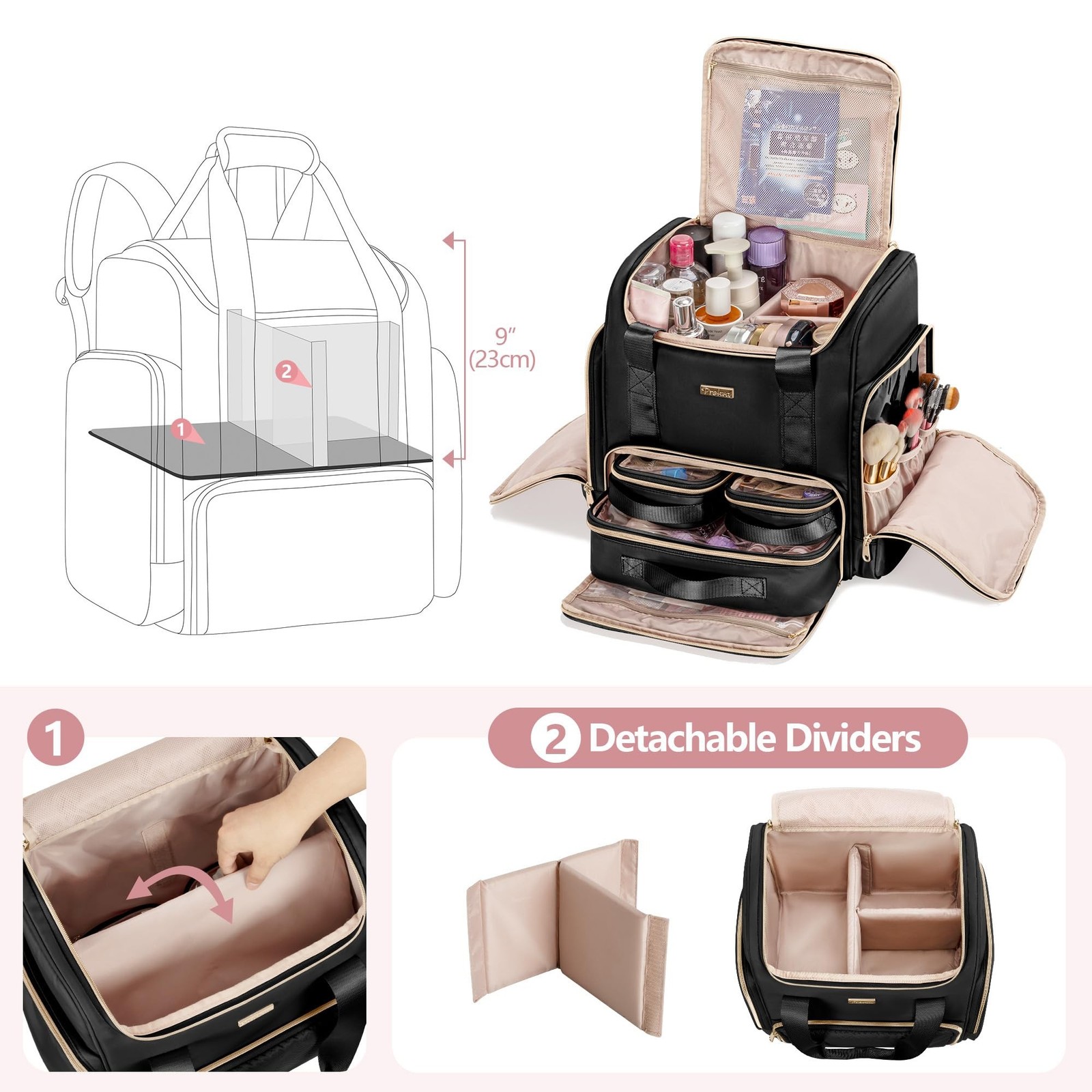 Large Makeup Backpack with 3 Clear Makeup Bags, Double Layers Professional Ma...
