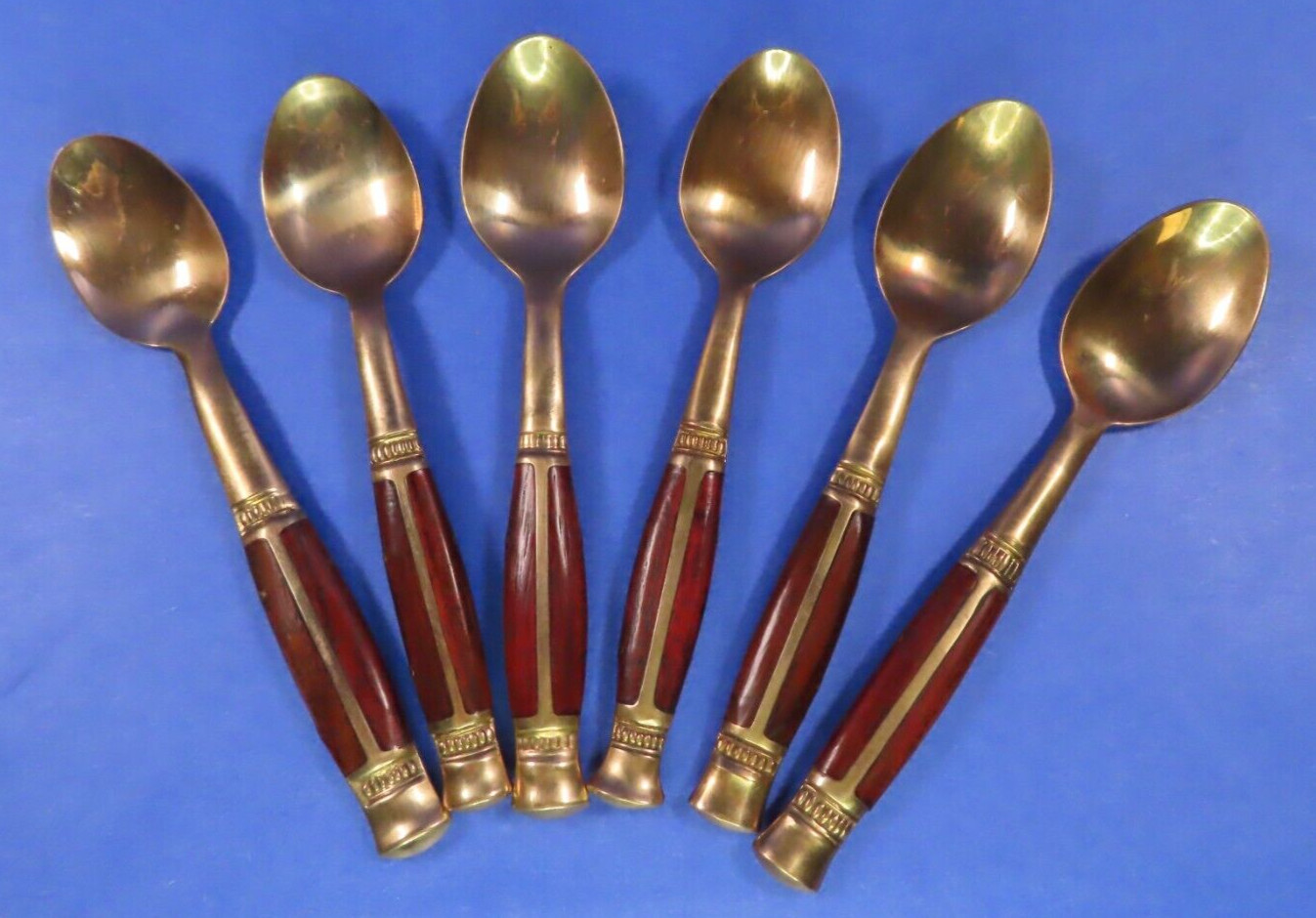 (6) Vintage 1950's Asian Brass & Rosewood Inlay Demitasse Spoons Thailand w/Case