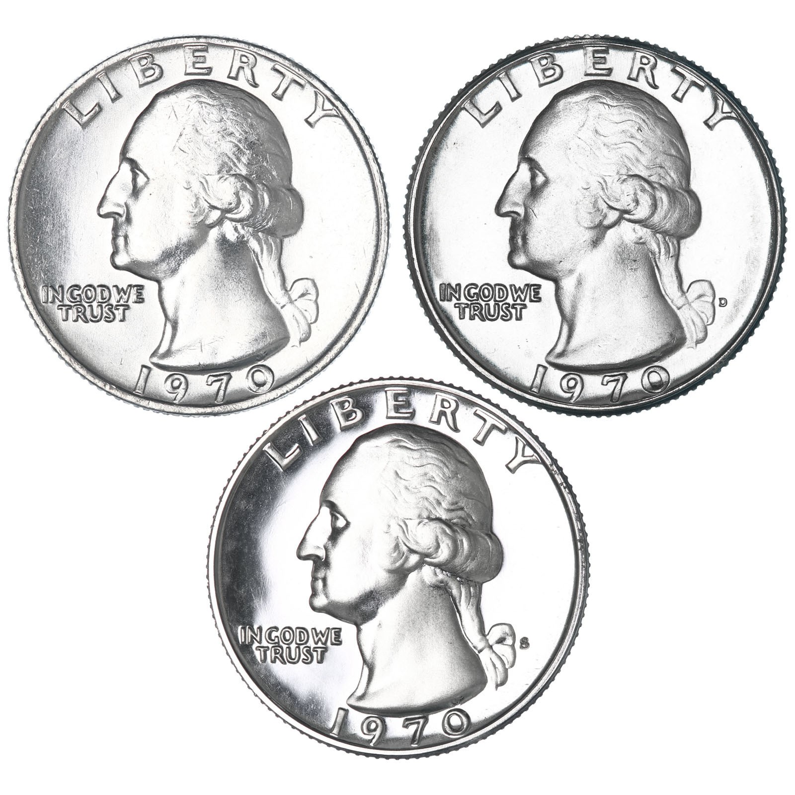 1970 P D S Washington Quarters CN-Clad BU & Gem Proof 3 Coin Year Set