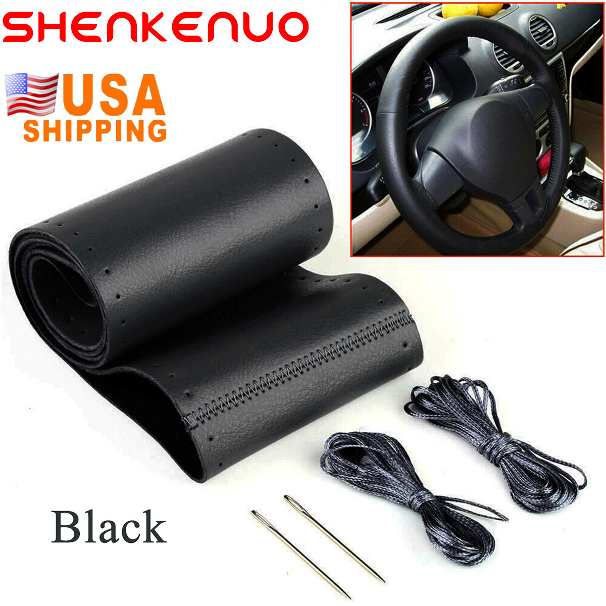 38CM Car Auto DIY Black Genuine Leather Steering Wheel Cover Wrap Sew-on Kit