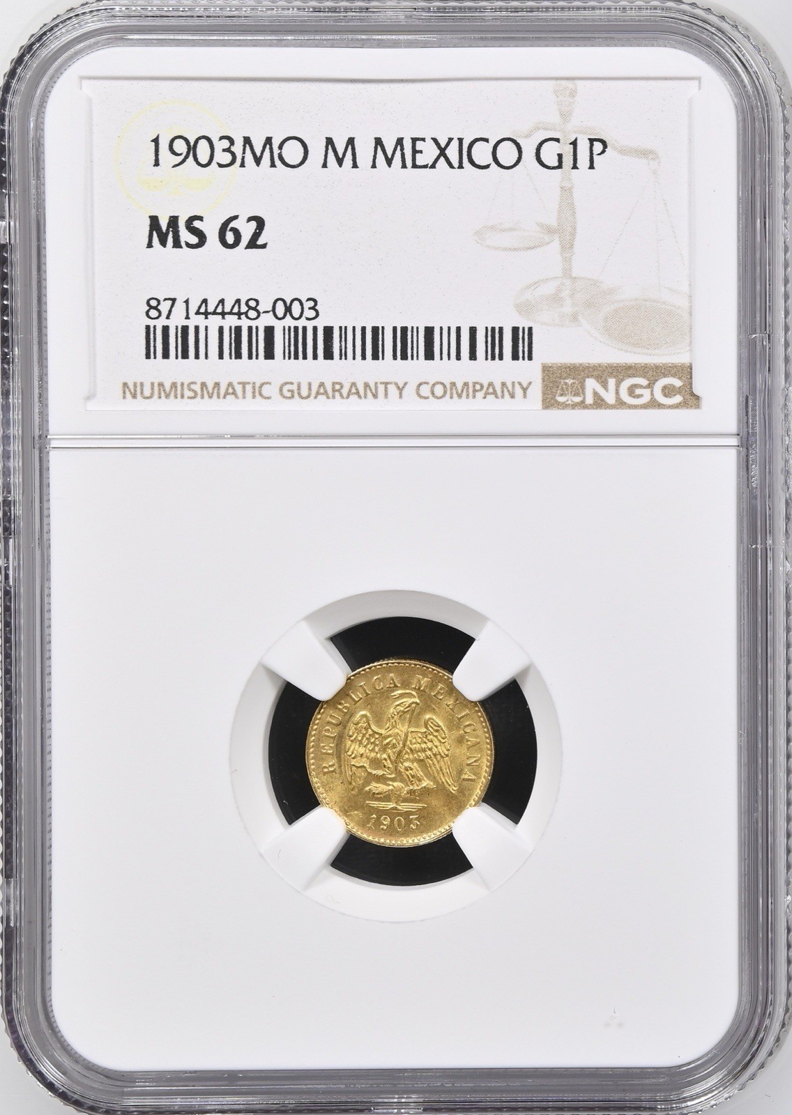 1903MO M MEXICO G1P┃GOLD 1 PESO NGC MS 62