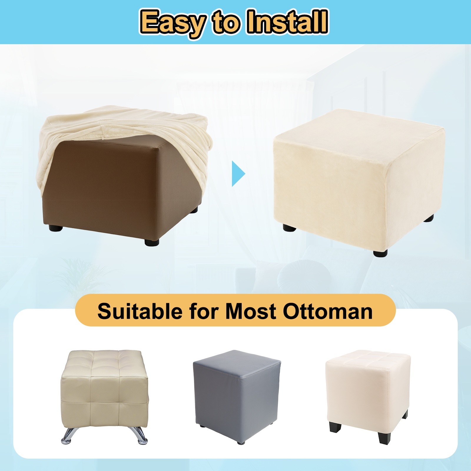 Square Stretch Foot Stool Cover Fit Length 27"-32", Light Beige