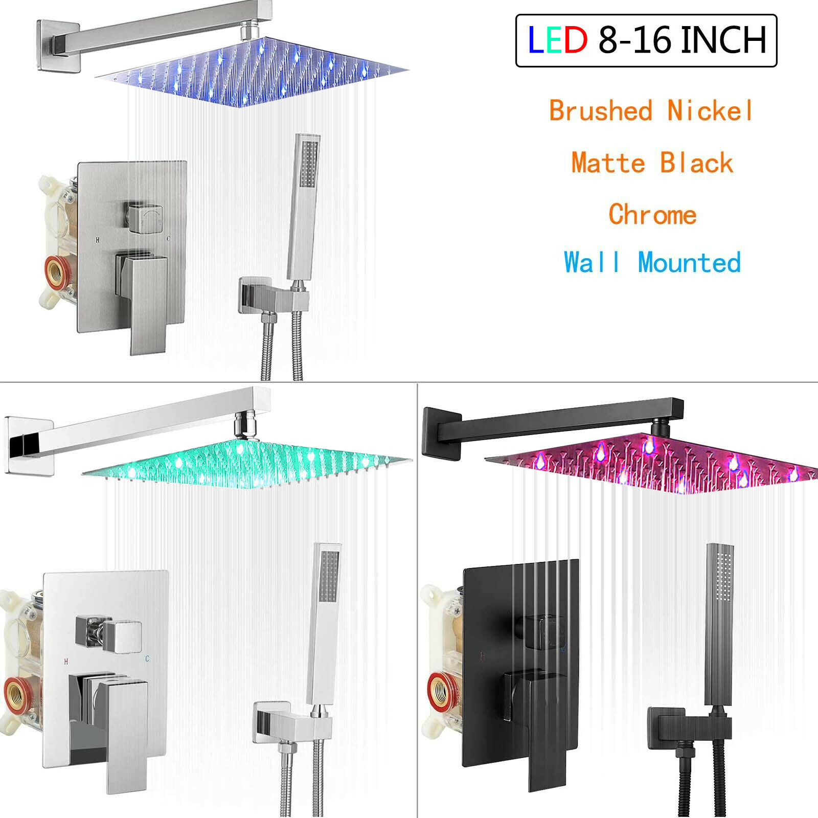 Luxury Shower Faucet Set System LED Rain Head Combo Kit w/Mixer Valve Wall Mount