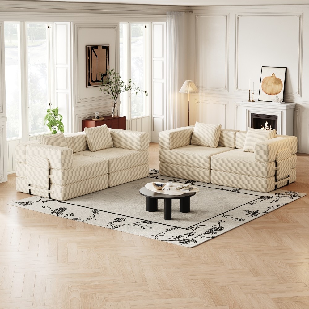 4-Seat Folding Sofa Bed w/ Storage Pockets, Corduroy Fabric, Beige