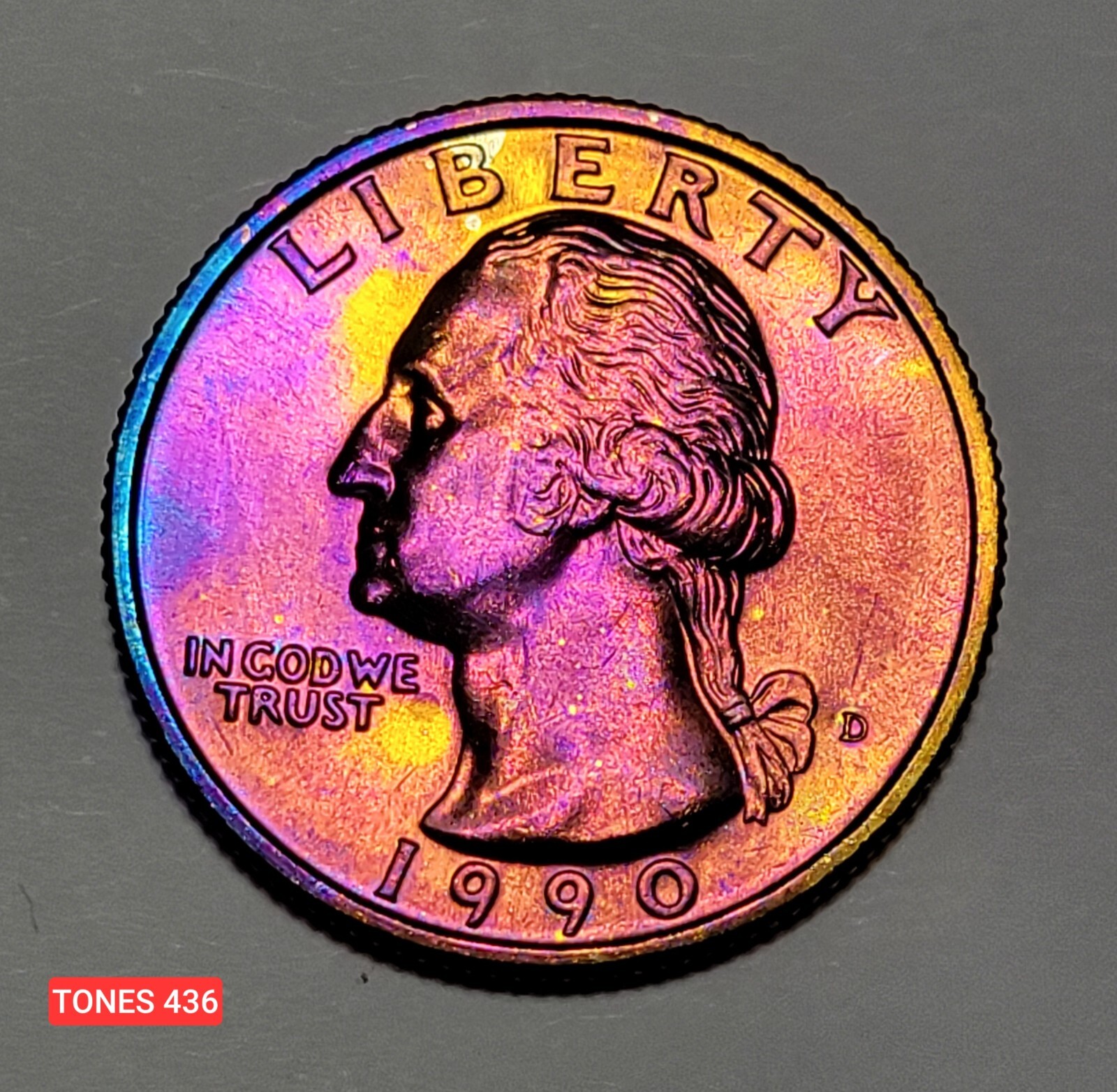 1990-D UNC WASHINGTON QUARTER MONSTER TONED GORGEOUS COLOR   TONES436