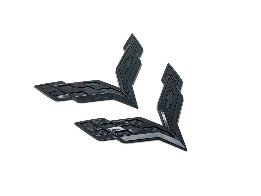 Front & Rear Set Cross Flags Emblem For 2014-2019 Corvette C7 Whole Glossy Black