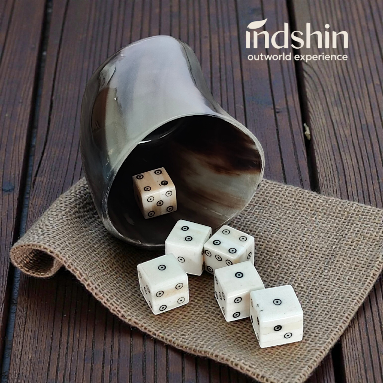 Medieval Viking Gift Set of 6 Camel Bone 16 mm D6 Dices with Real Horn Shaker