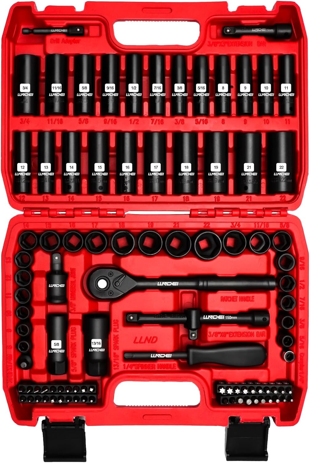 LLNDEI 95pc 3/8" Impact Socket Set SAE 5/16-3/4" Metric 8-22mm CR-V