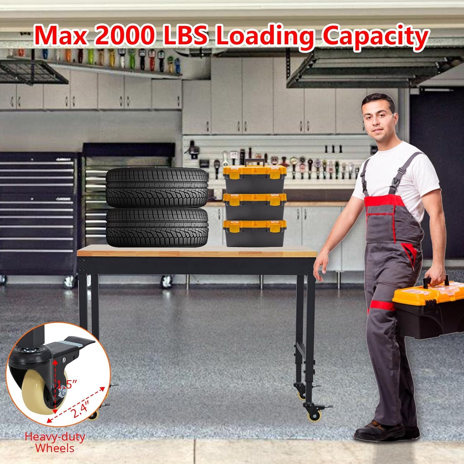 Adjustable Height Workbench 72"L x 25"W Workstation W/ Power Outlet & Casters US