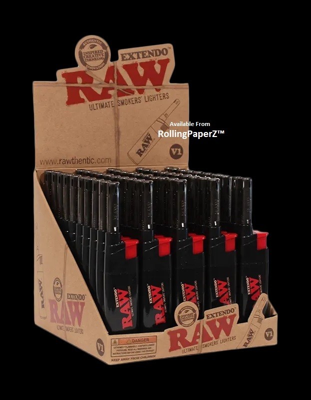 Display of 50 - RAW EXTENDO Lighters – Refillable Adjustable Flame Lighters