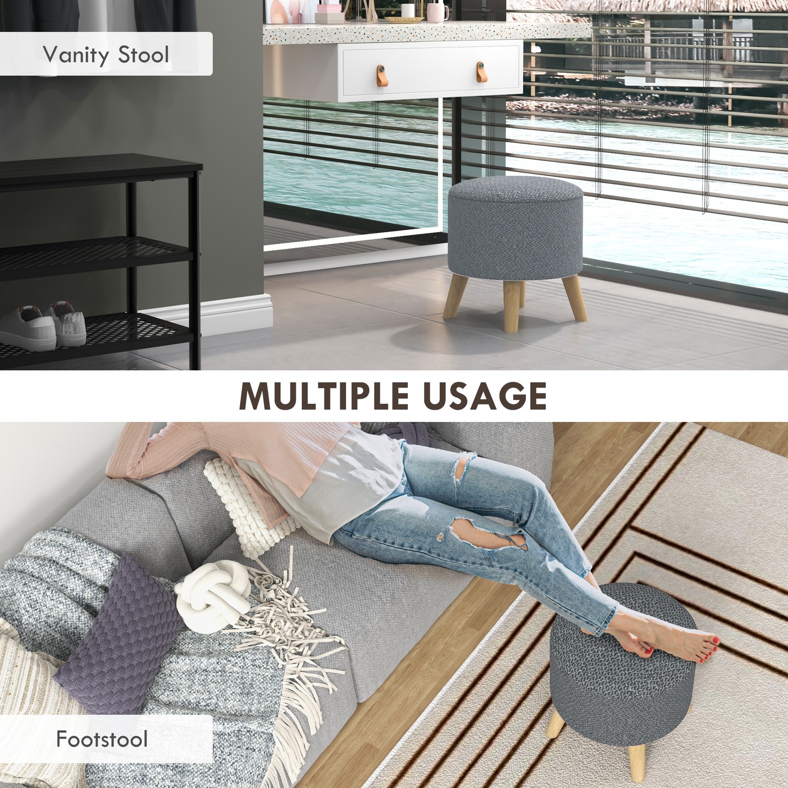 Gray Round Storage Ottoman, Cushioned Stool Chair with Hidden Storage