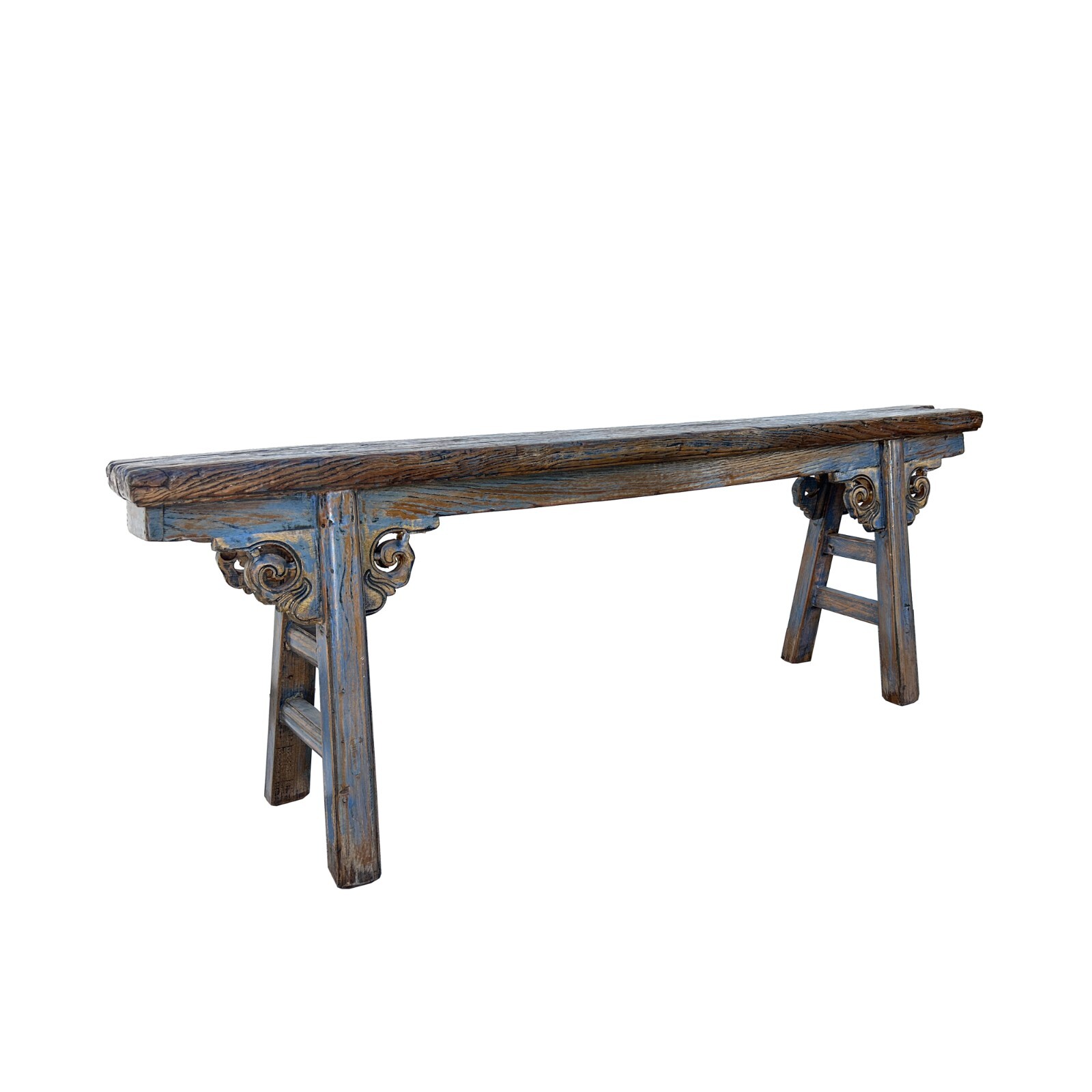 Distressed Brown Light Blue Village Slim Narrow Scroll Apron Wood Bench ws4538