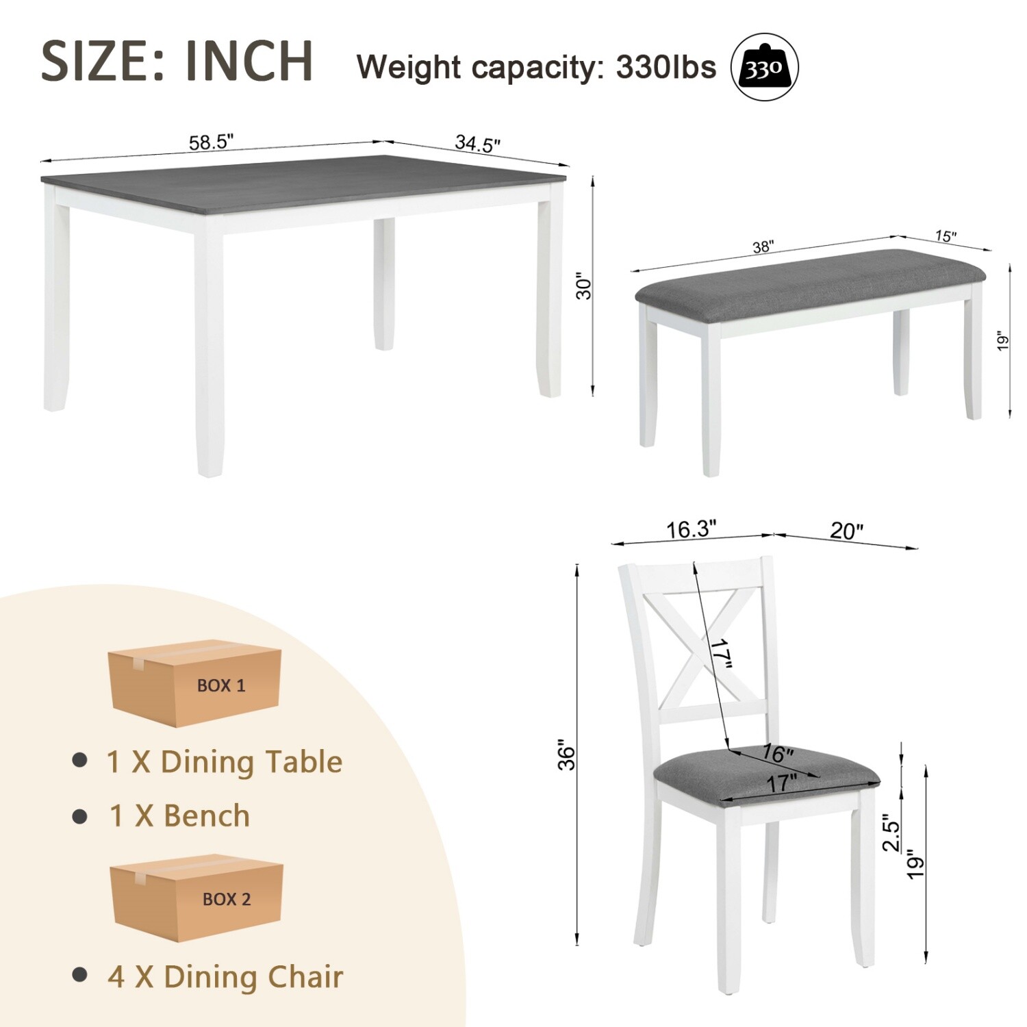 6 Piece Dining Table Set Wooden Dining Table Kitchen Table with 4 Chair & Benchs
