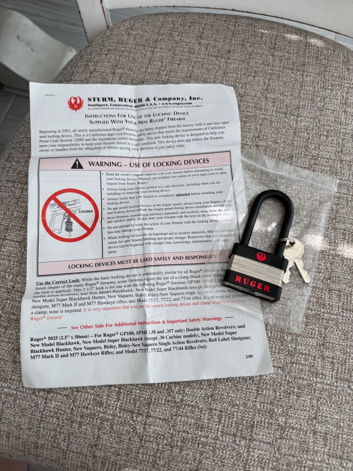 Ruger 5025A Firearm Gun Lock For Pistols And Long Guns New In Pkg w/ 2 keys