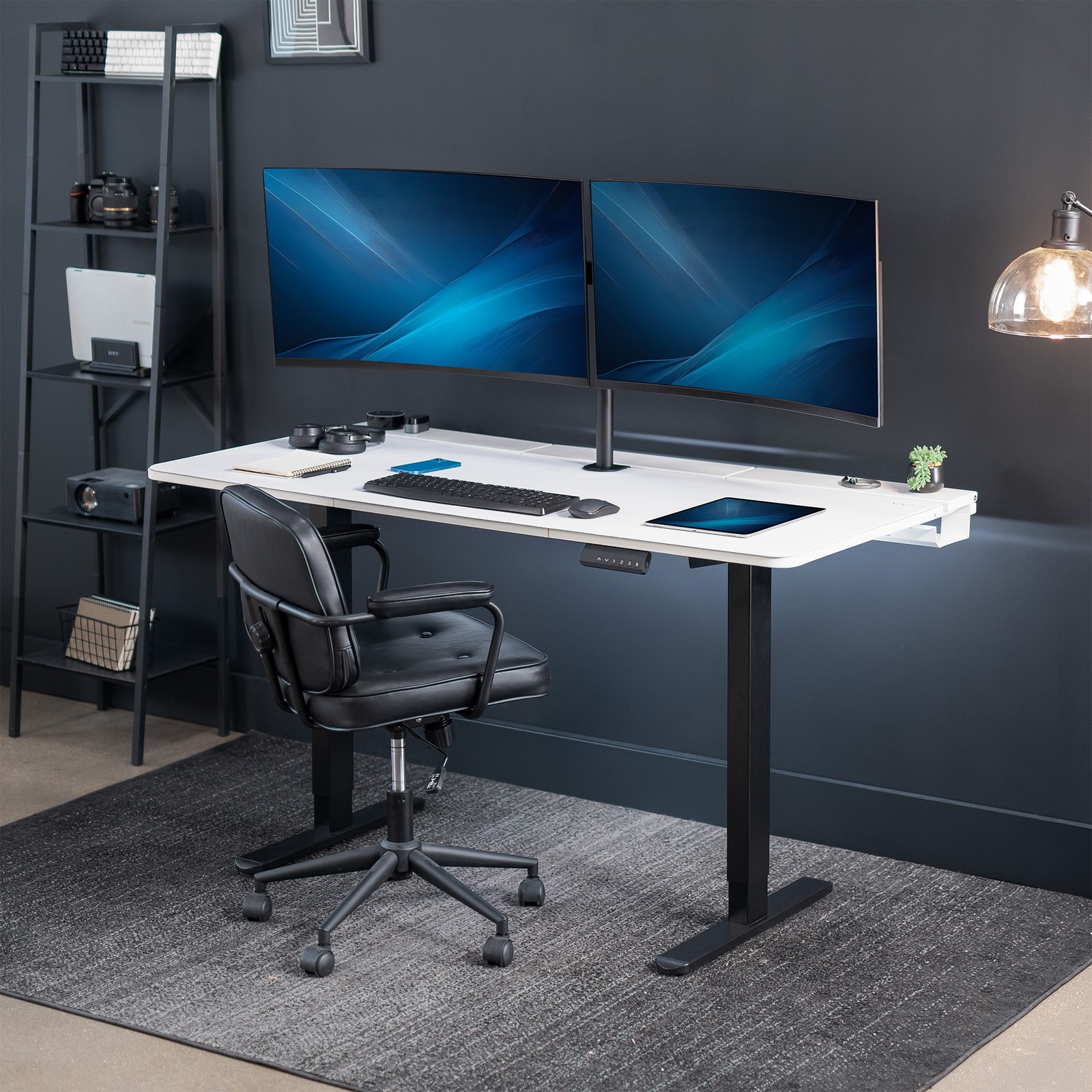 VIVO Electric 60" x 30" Desk, Full Pad, White Hidden Cable Tabletop, Black Frame