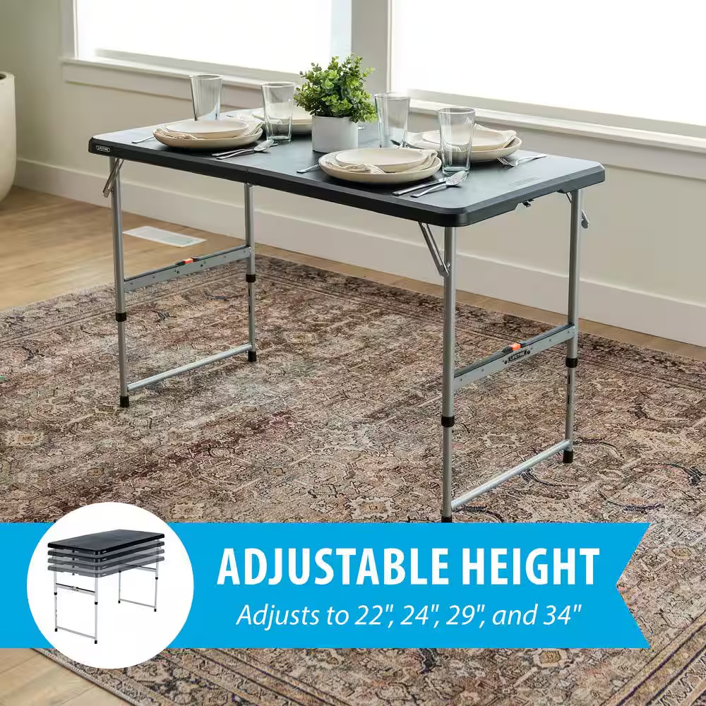 48 In. L Rectangle Black Resin Top Adjustable Fold-In-Half Table with Silver Fra