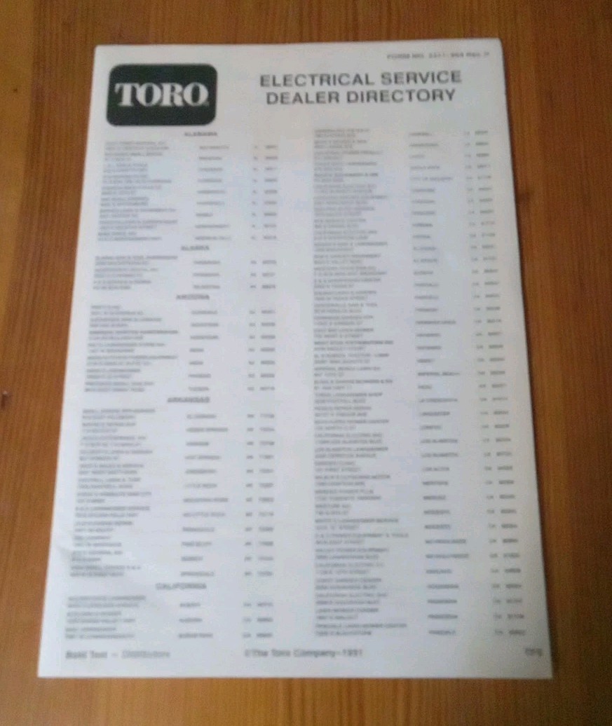 1991 VTG TORO Electrical Service Dealer Directory States Booklet Form No 3311864