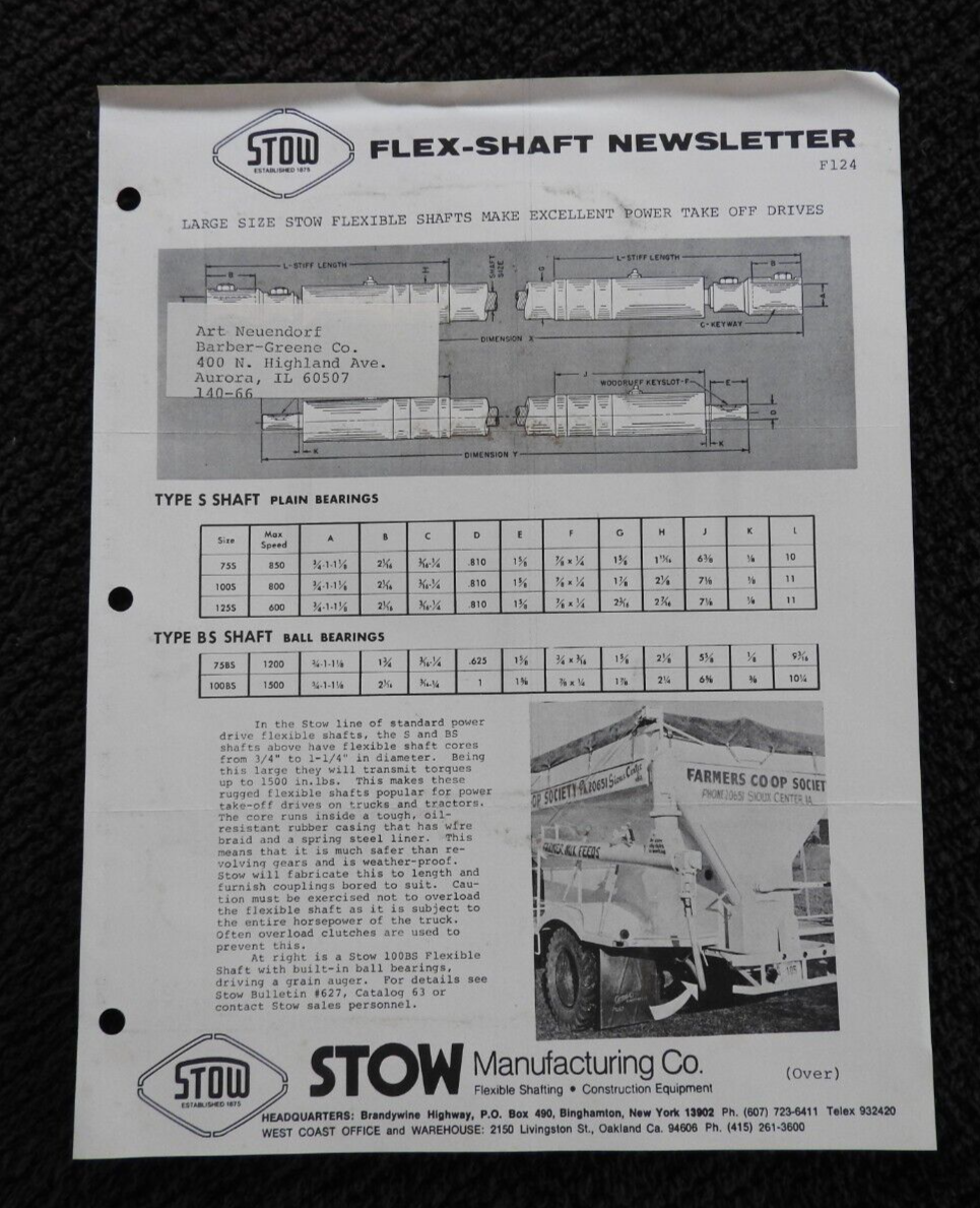1977 Stow Manufacturing Co Flexible Shaft Literature Signed Letter San Francisco
