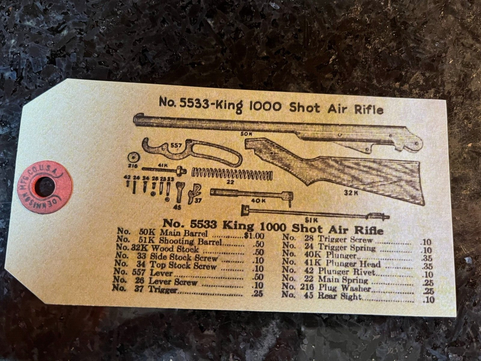 Hang Tag Repro for KING 5533 1000 SHOT Air Rifle  DAISY KING PLYMOUTH, MI
