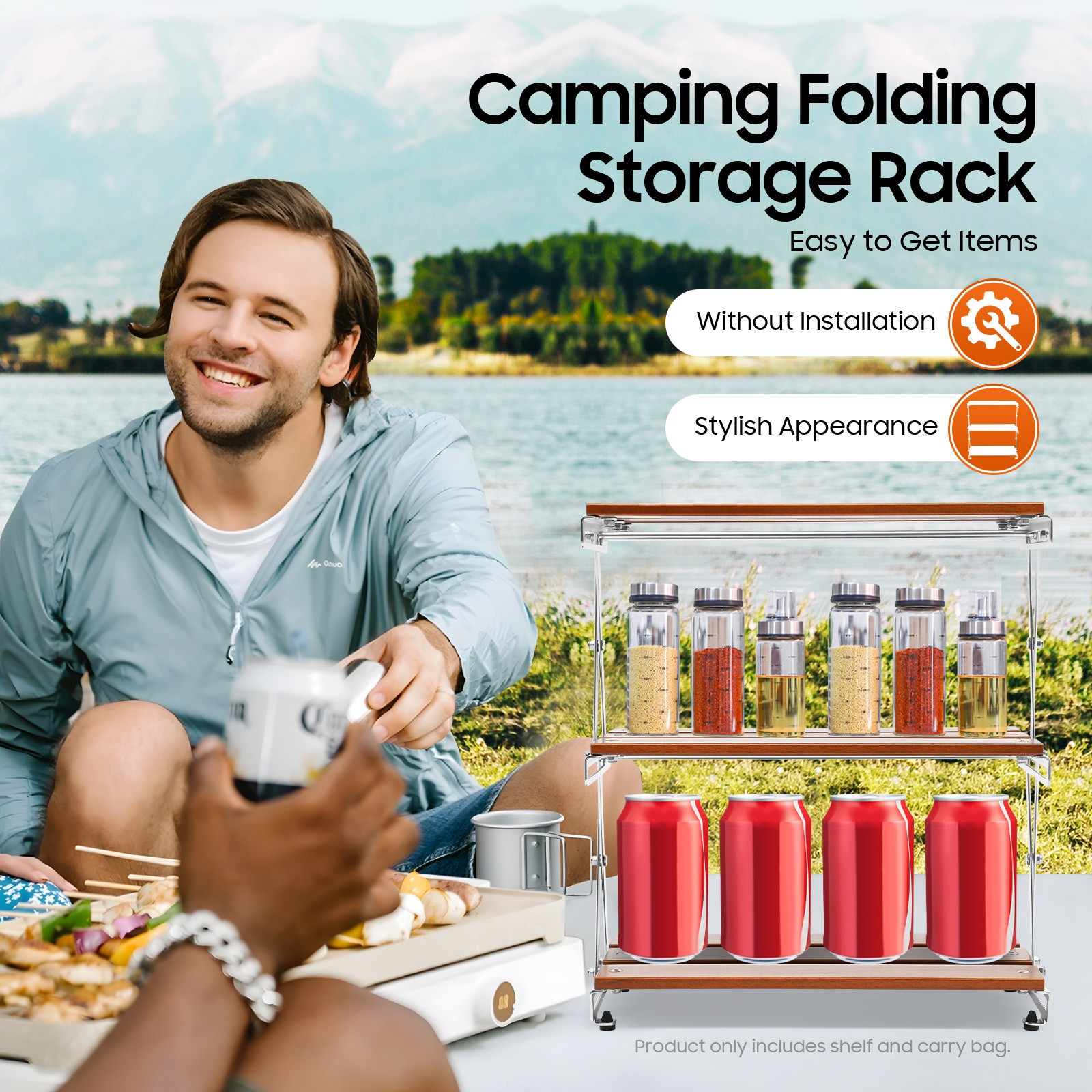 Camping Kitchen Table Picnic Cabinet Folding Cooking Storage Rack Portable