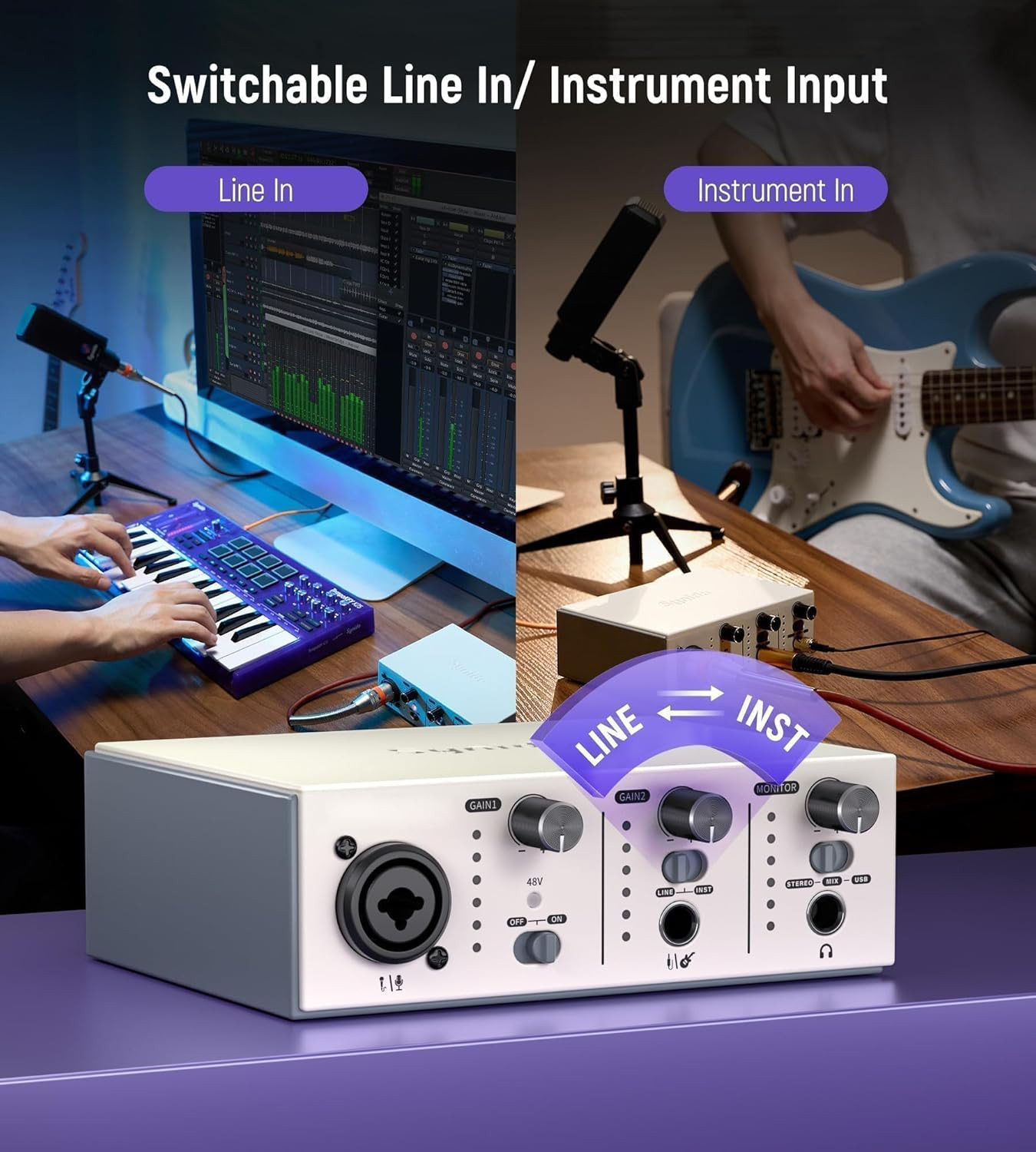 USB C Audio Interface 2x2 XLR 48V Phantom Power Recording Mixer
