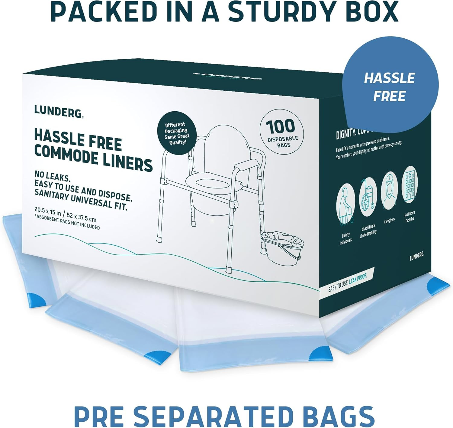 Lunderg Commode Liners - Value Pack 100 Count Universal Fit-Medical Grade New