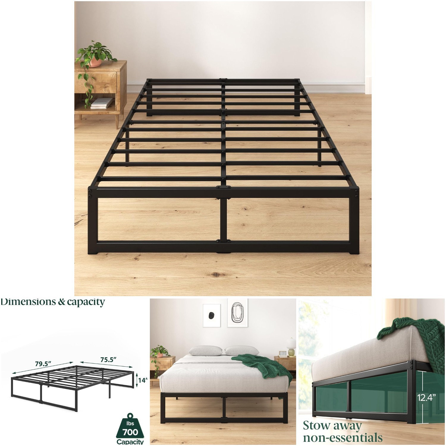 14 Inch King Size Platform Bed Frame Steel Slat Support Black Eco Friendly