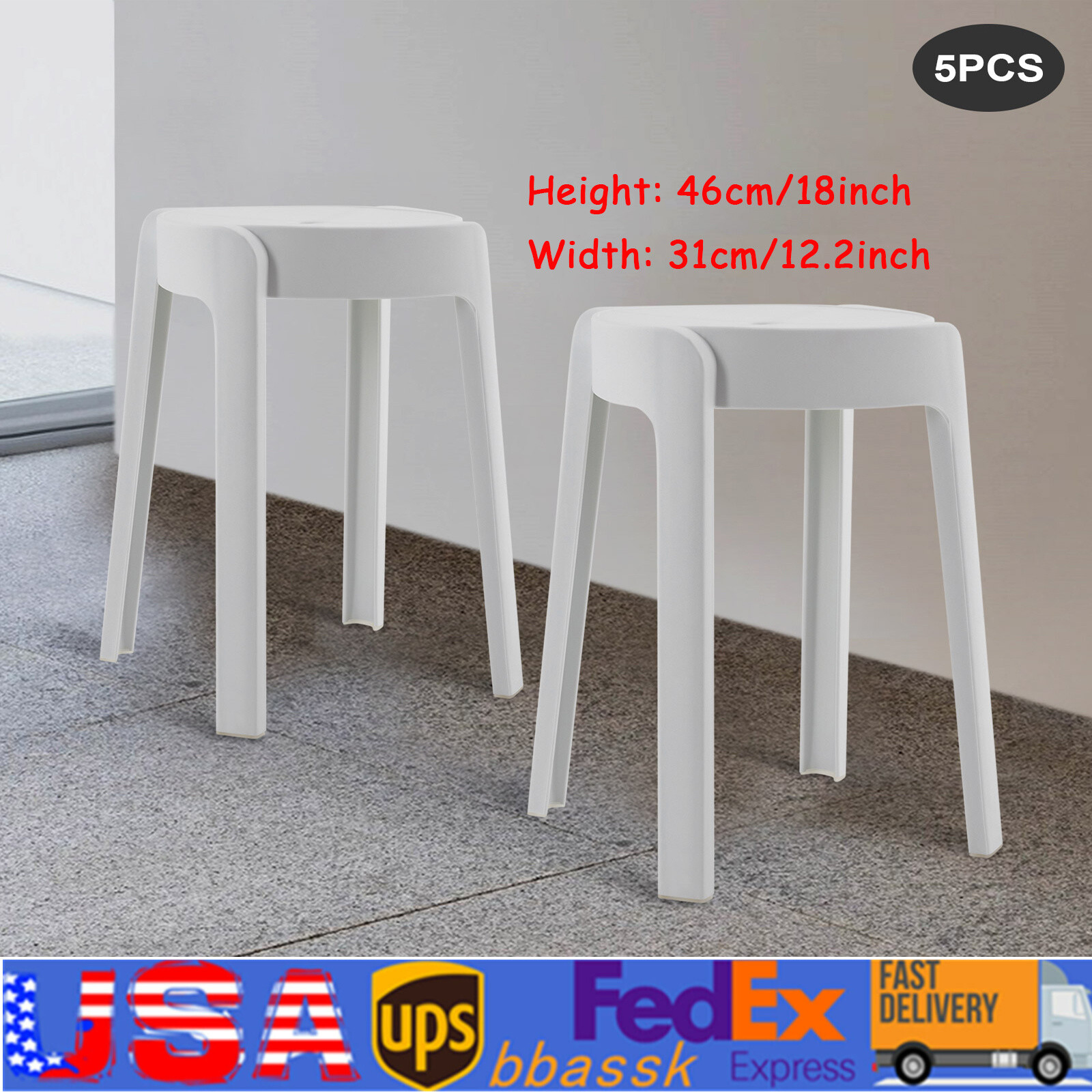 5Pcs Plastic Stools 18'' Height Indoor OutdoorKitchen Bar Chairs Stackable White