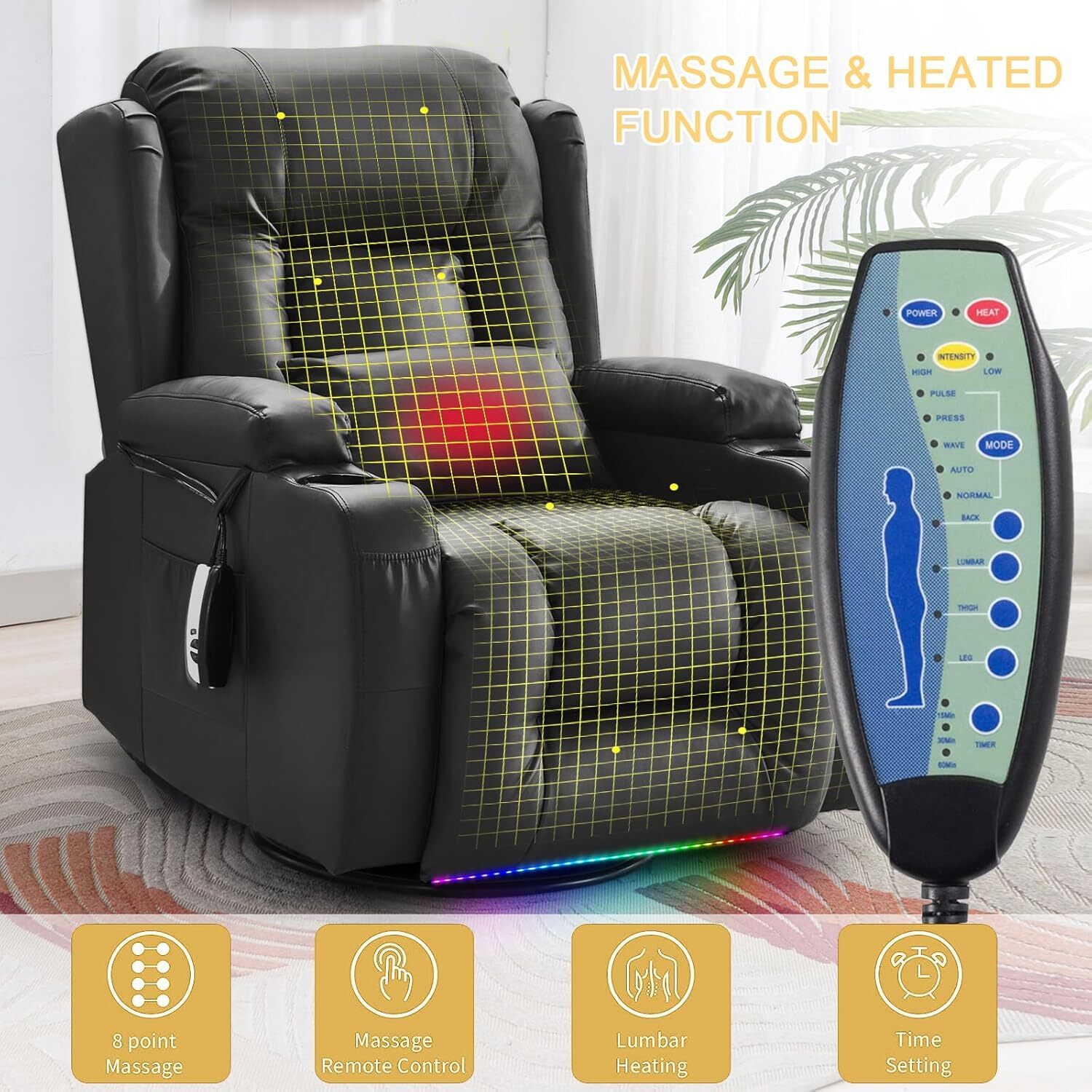 Power Swivel Recliner Chair Rocker Recliner Sofa with LED Light Massage and Heat