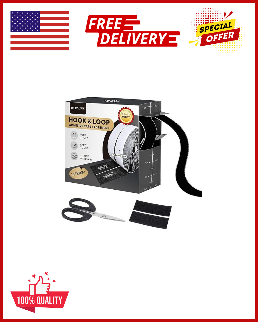 20Ft X 1.5 Inch Hook and Loop Tape Strips with Adhesive, Heavy Duty Sticky Back